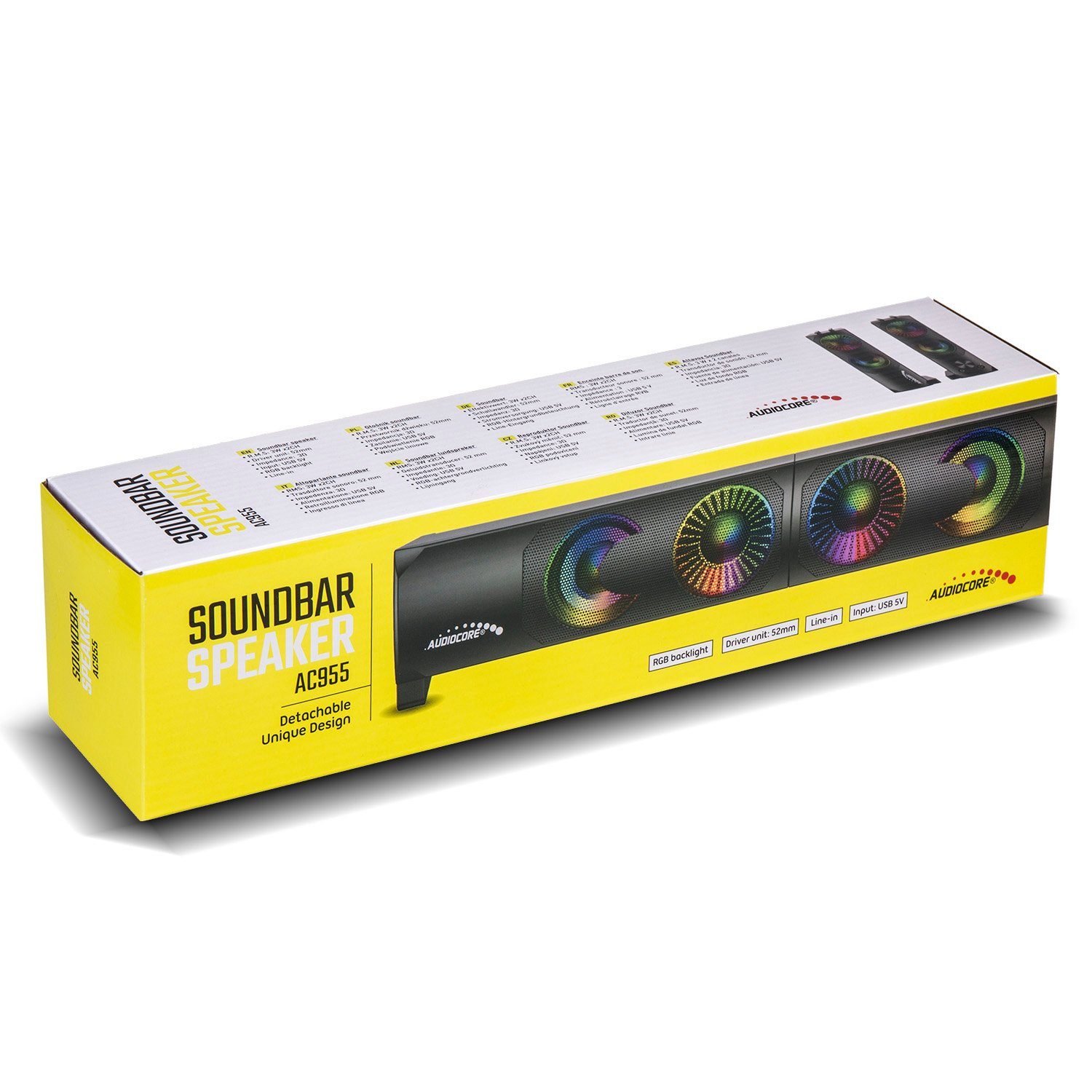 Audiocore AC955 2.0 PC-Lautsprecher (6 W, Soundbar-Funktion [Modulare Verbindung], Anschluss für AUX / Kopfhörer / Mikrofon, RGB-Bleuchtung, 6W)