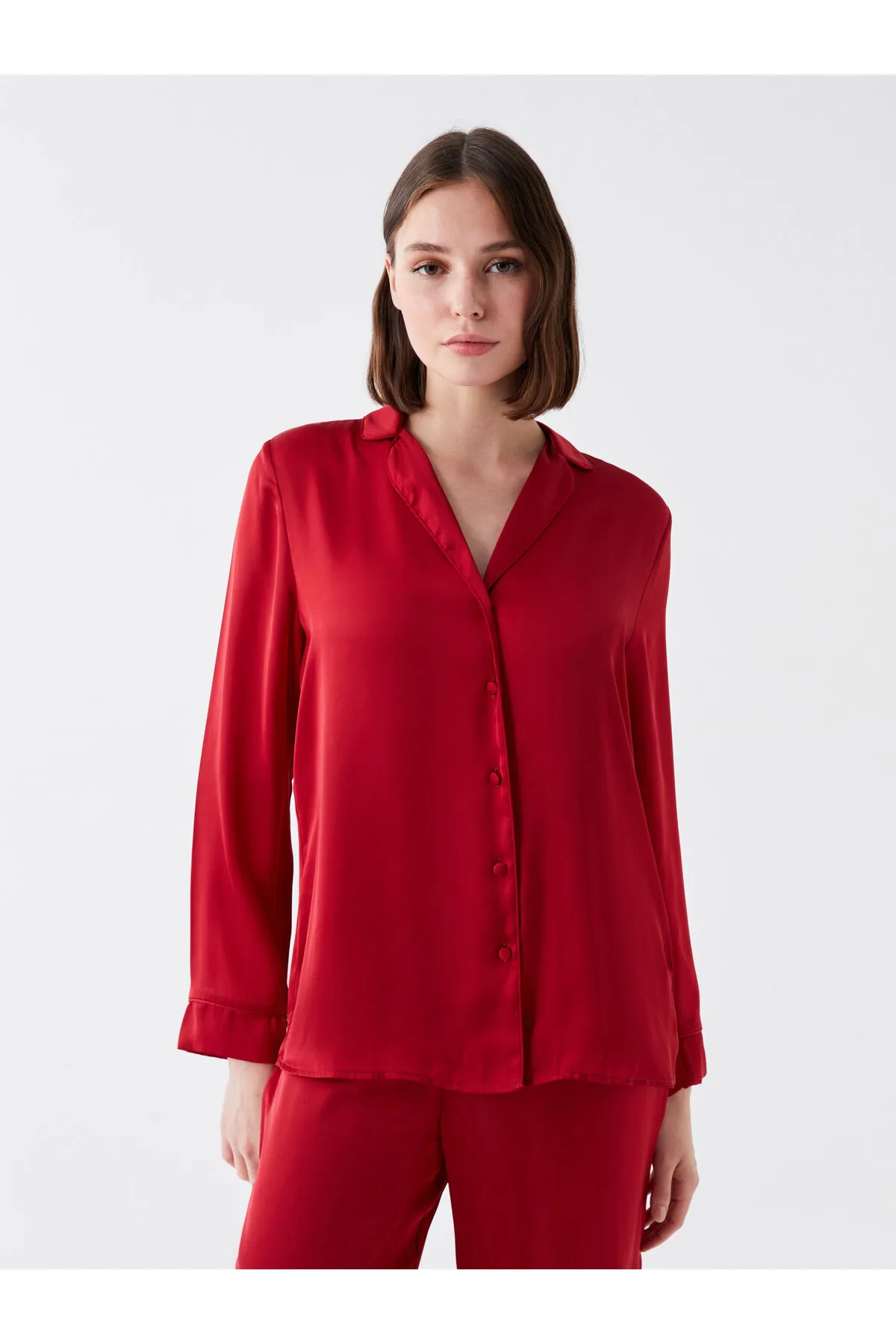 LC Waikiki  Damen-Pyjama-Set aus Satin mit Hemdkragen, einfarbig und langärmelig