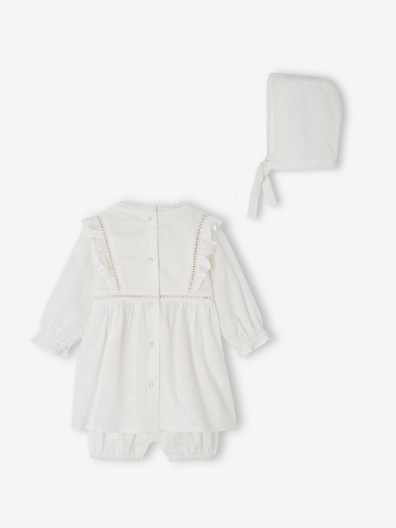 Vertbaudet Festliches Baby-Set: Kleid, Spielhose & Mütze - weiß