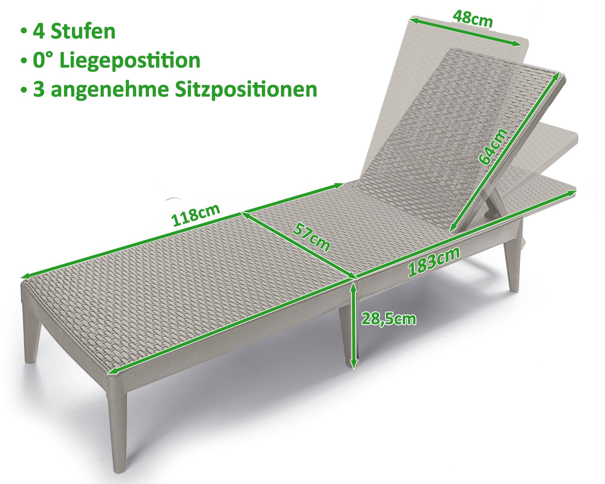 ONDIS24 Gartenliege Numana Sonnenliege mit 4-fach verstellbarer Rückenlehne, in Rattan-Optik, UV-beständig, witterungsbeständig, wetterfest