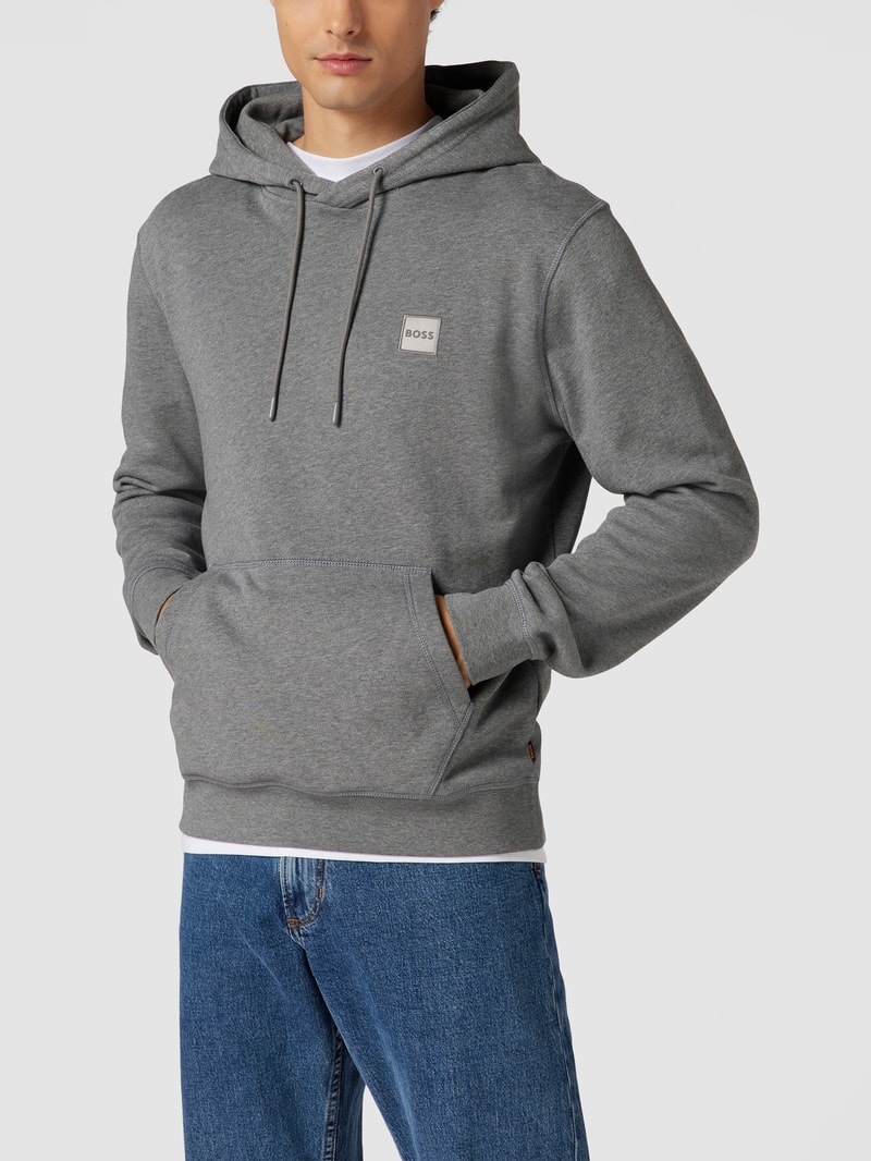 Hoodie mit Label-Detail und Känguru-Tasche Modell 'WETALK' in mittelgrau