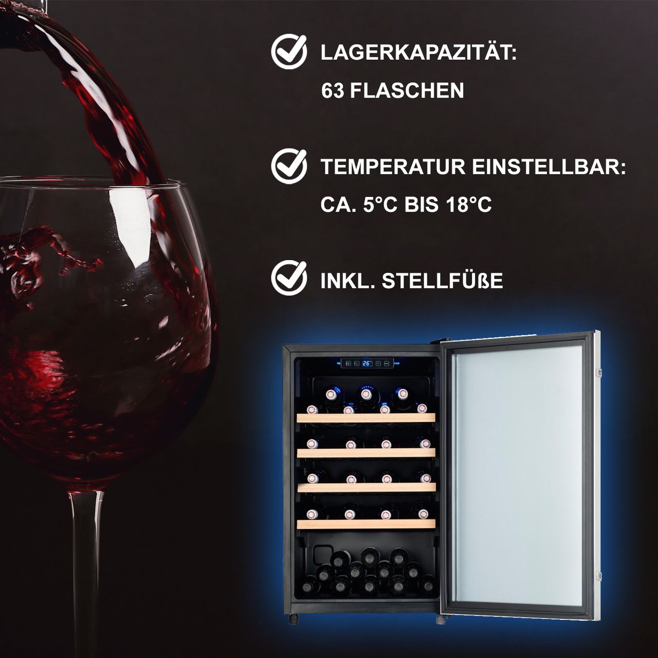 TroniTechnik Weinkühlschrank Weinkühler Trondhein 126 Liter / 63 Flaschen