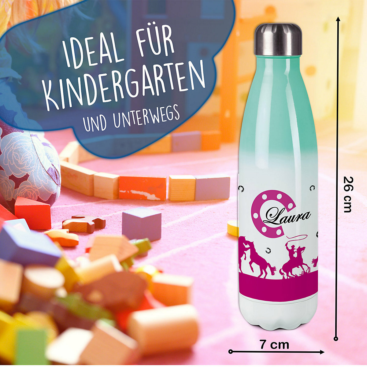 Edelstahl Kinder Thermoflasche / Trinkflasche bunt Cowboy Pferde Farbe pink Spülmaschinenfest, Auslaufsicher, Bruchfest, Doppelwandig, Für Heißgetränke geeignet, Mit Deckel, Isoliert