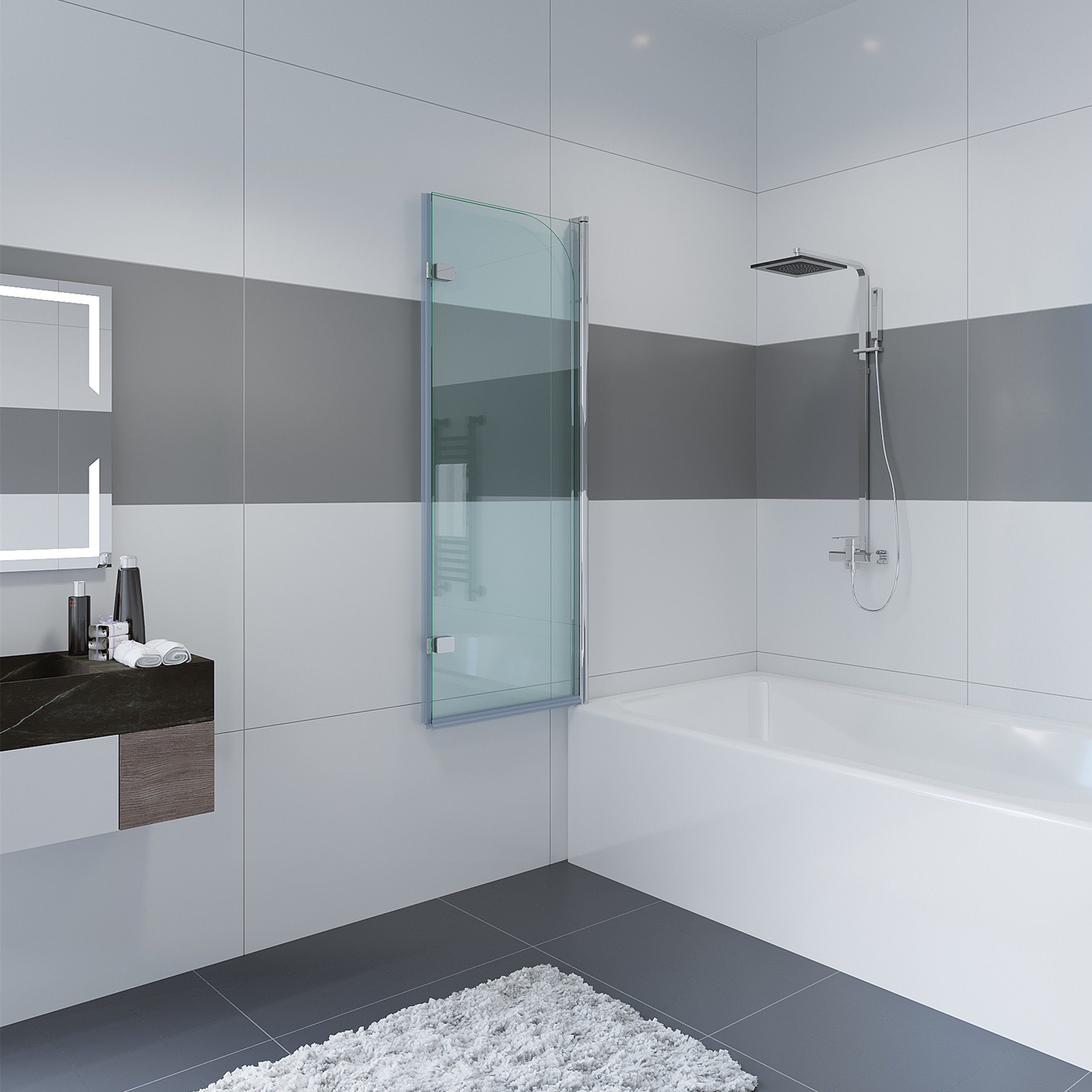 IMPTS Badewannenaufsatz, Glas Alu, (2 tlg., 2 TLG), Duschabtrennung für Badewanne, Dekor Querstreifen,Alpinweiß