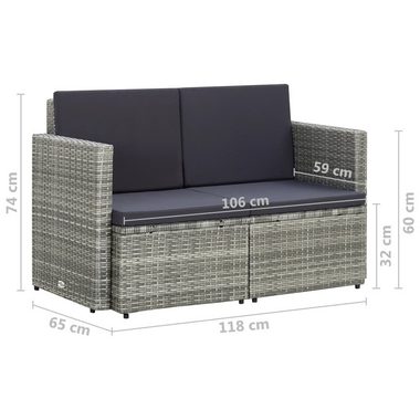 vidaXL Loungesofa 2-Sitzer-Gartensofa mit Auflagen Grau Poly Rattan, 1 Teile