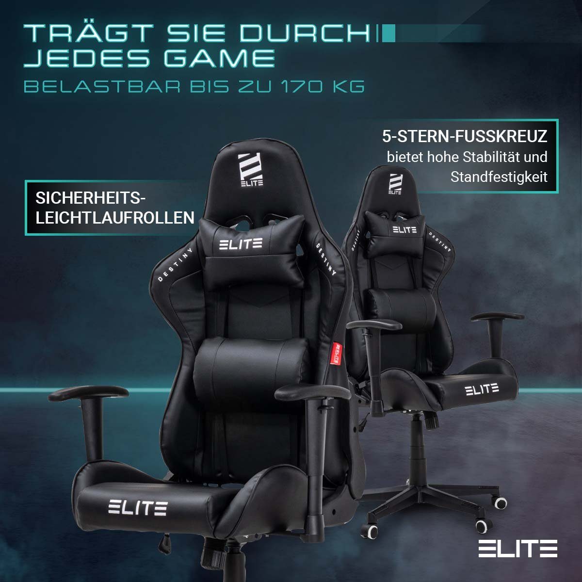 ELITE Gaming Gaming-Stuhl Ergonomischer Bürostuhl Destiny inkl. Rücken- & Nackenkissen (Drehstuhl mit 2D-Armstützen, verriegelbare Wippmechanik, mechanische Härtegradeinstellung, verstellbare Sitzhöhe, 90° klappbare Rückenlehne, Sicherheits-Doppelrol