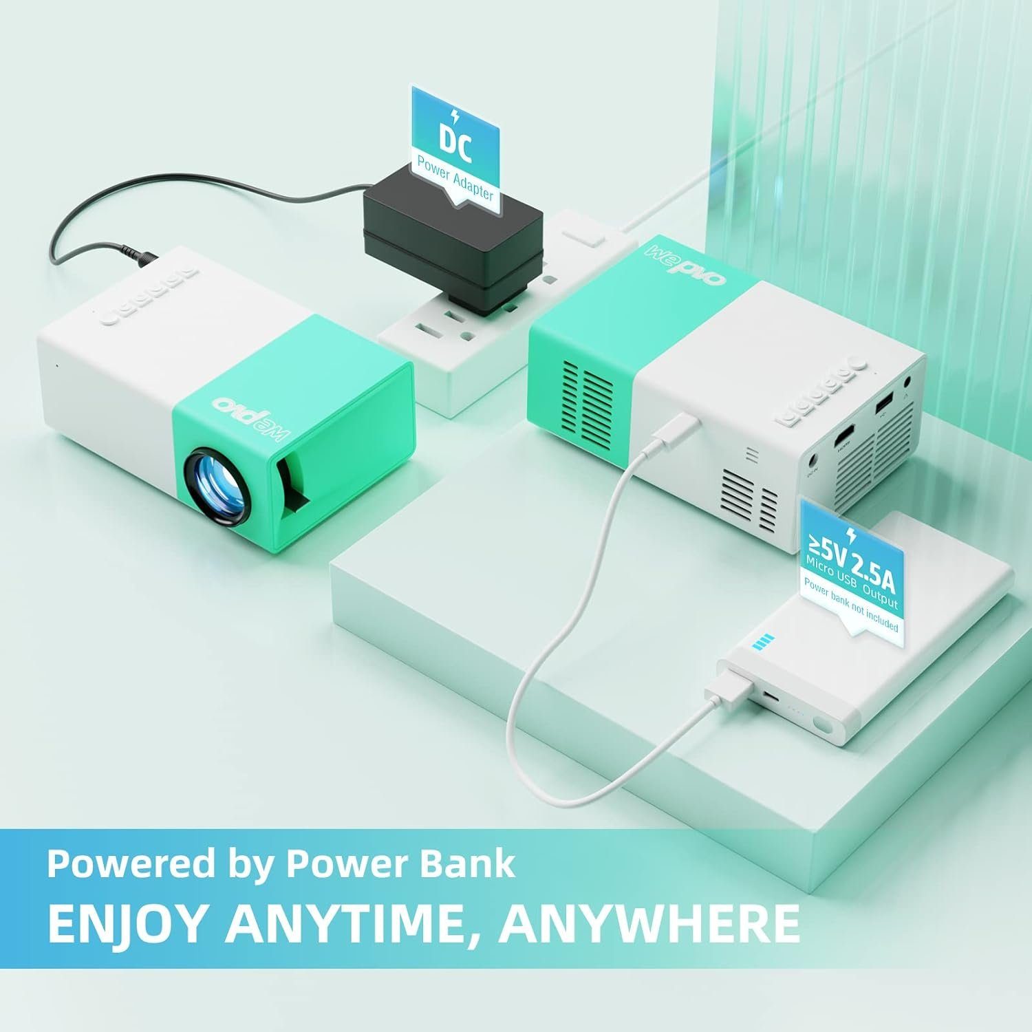wepvo Portabler Projektor (800 x 480 px, Mini Beamer Geschenke, Heimkino, HDMI/USB, Draußen Fernbedienung)