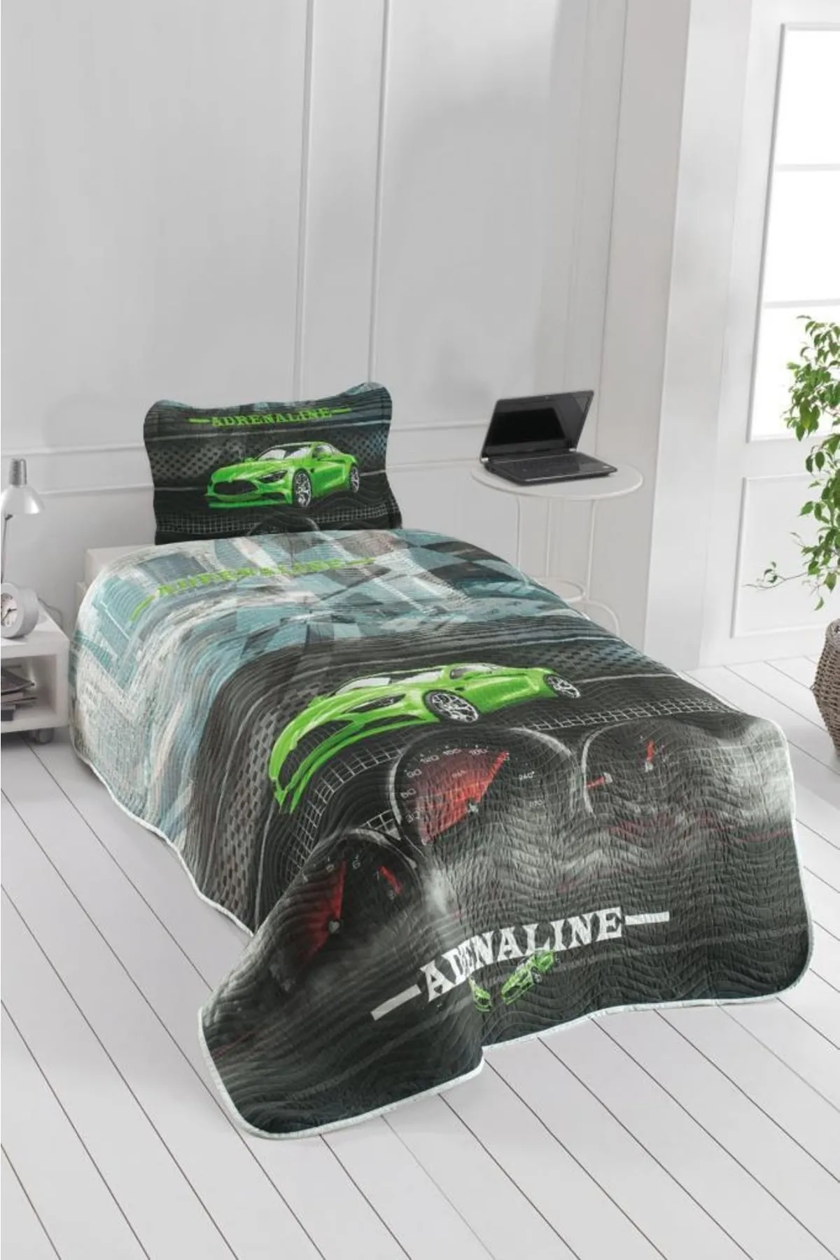 Çeyiz Diyarı  Adrenaline Tagesdecke für Jugendliche und Kinder, bedruckt, für Einzelbett, Grün