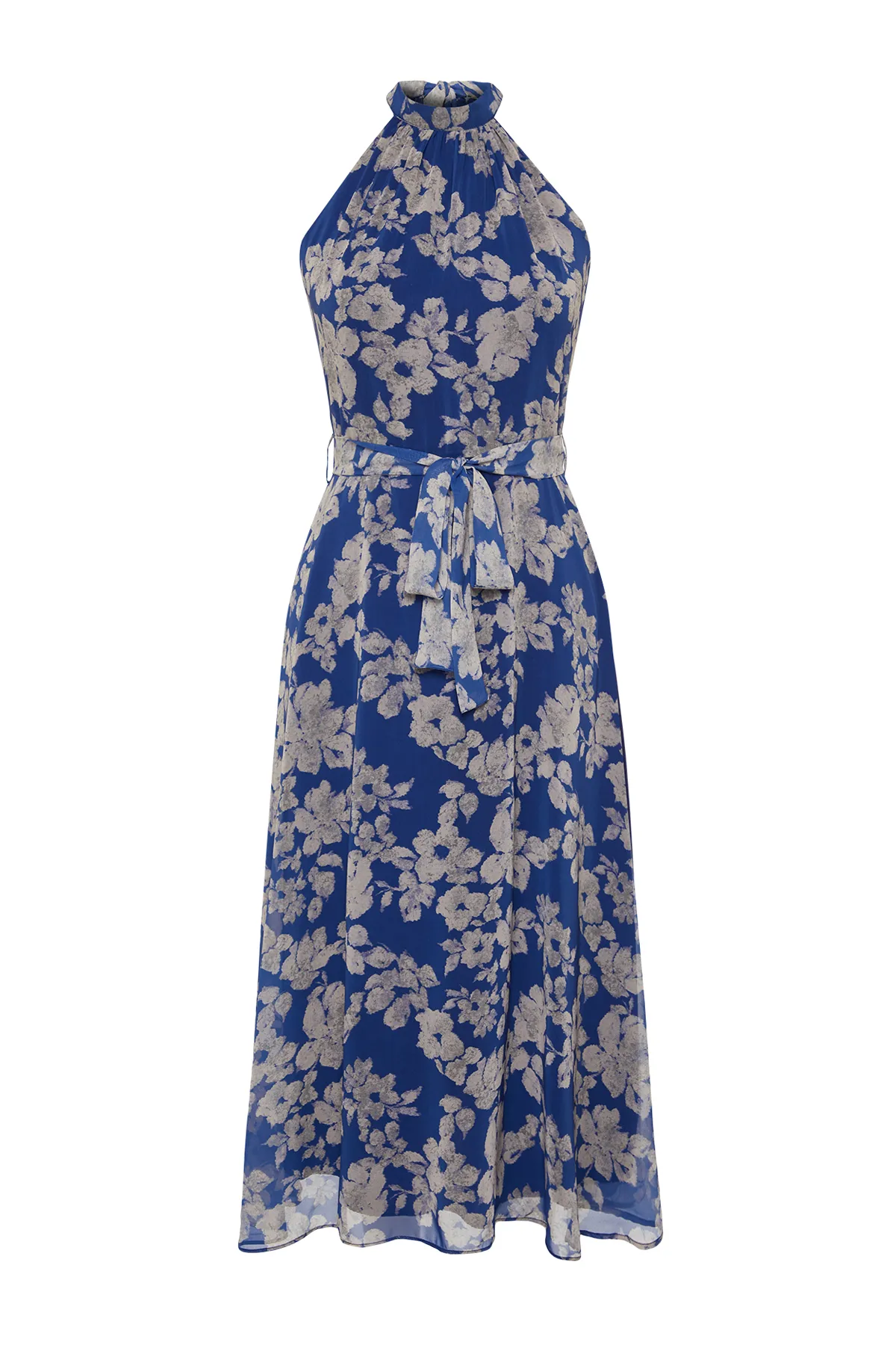Trendyol Collection  Marineblaues, ärmelloses, gewebtes Kleid in A-Linie mit Gürtel und Midi-Futter und Neckholder und Blumendruck TWOSS20EL2536