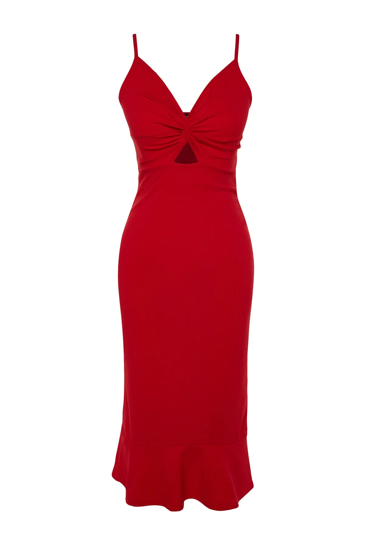 Trendyol Collection  Rotes Mini-Strickkleid aus Crêpe mit Trägerausschnitt, detailliertem Volant und herzförmigem Ausschnitt TWOSS23EL02097