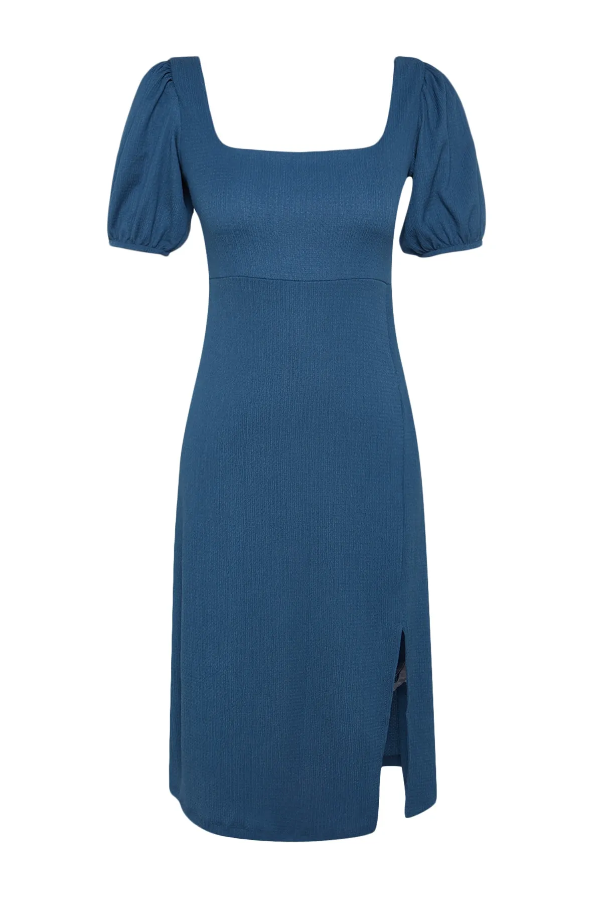 Trendyol Collection  Indigoblaues A-Linien-Strickkleid mit quadratischem Ausschnitt, Ballonärmeln, Schlitzdetail, Wickel-/strukturiertem Midi-Strickkleid TWOSS23EL01533