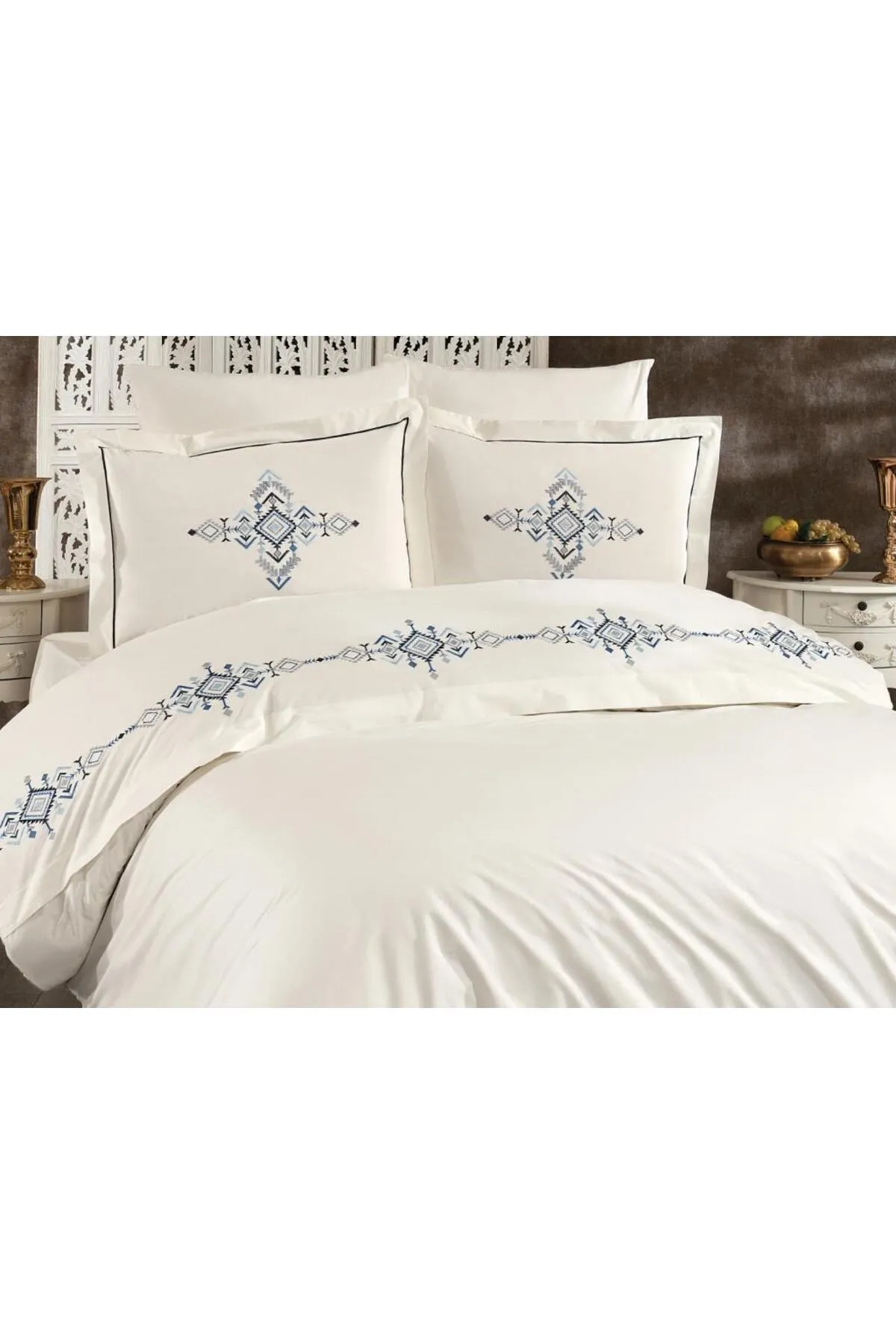 Çeyiz Diyarı  Alya besticktes Doppelbett-Bettbezug-Set, Creme – Blau