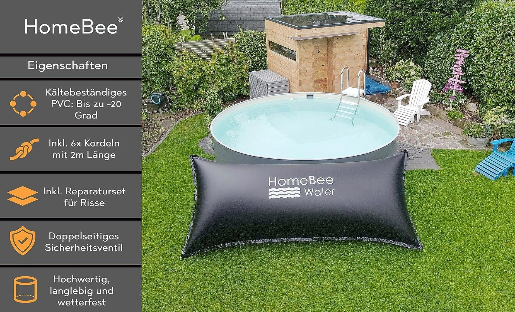 HomeBee Pool-Abdeckplane Poolkissen XXL 4m x 2m (Komplettset mit Zubehör, 1-St., inkl. 6 Befestigungskordeln und Reparaturflicken), langlebiges und starkes PVC Material