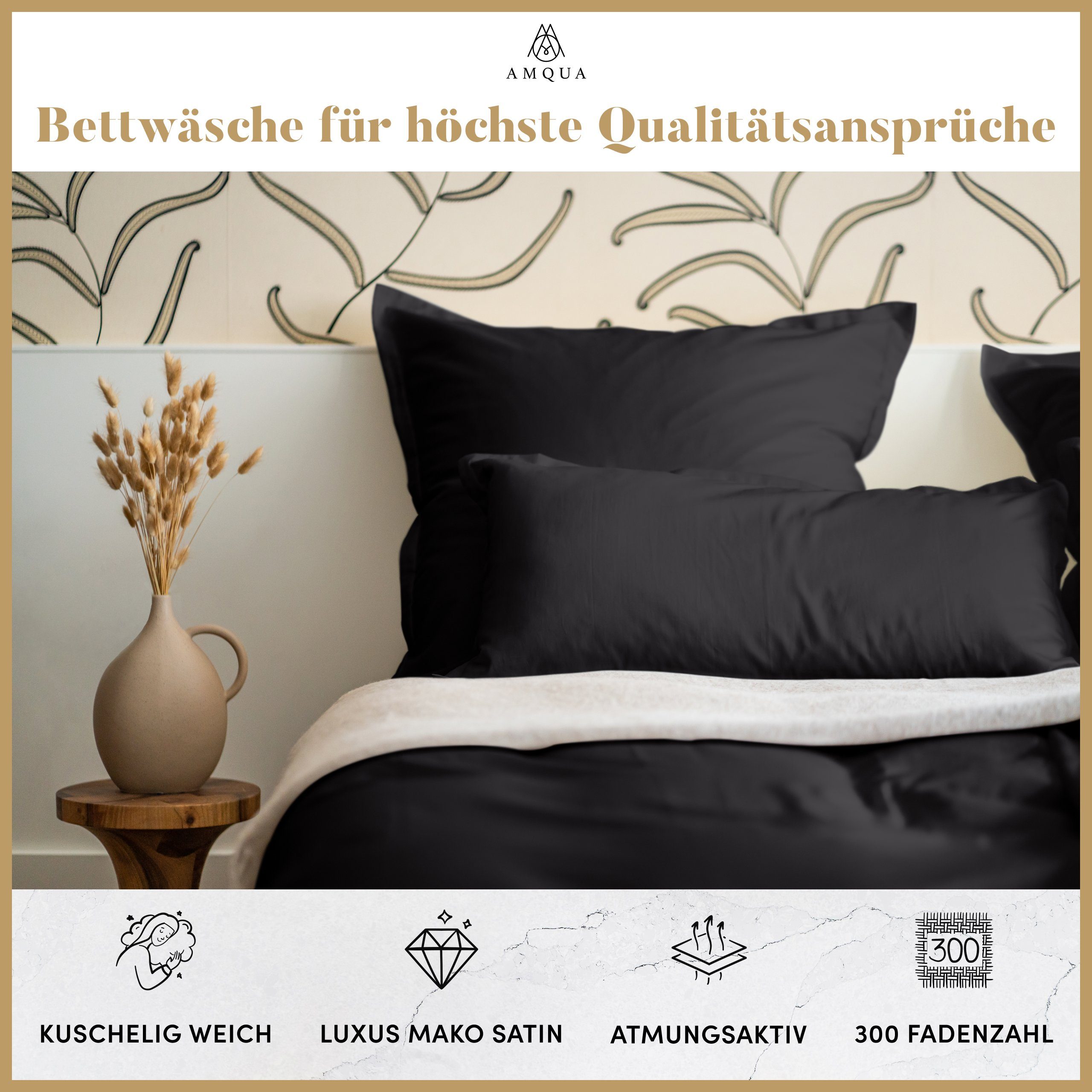Kissenbezüge Mako Satin 2er Set Kissenbezug mit Reißverschluss, Premium Bettwäsche, Amqua, 100% ägyptische Baumwolle, Geld-zurück-Garantie, kuschelig weich