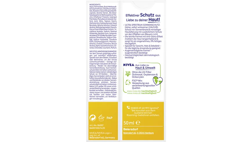 NIVEA SUN mattierender Sonnenschutz Anti-Glanz-Effekt LSF50 50 ml