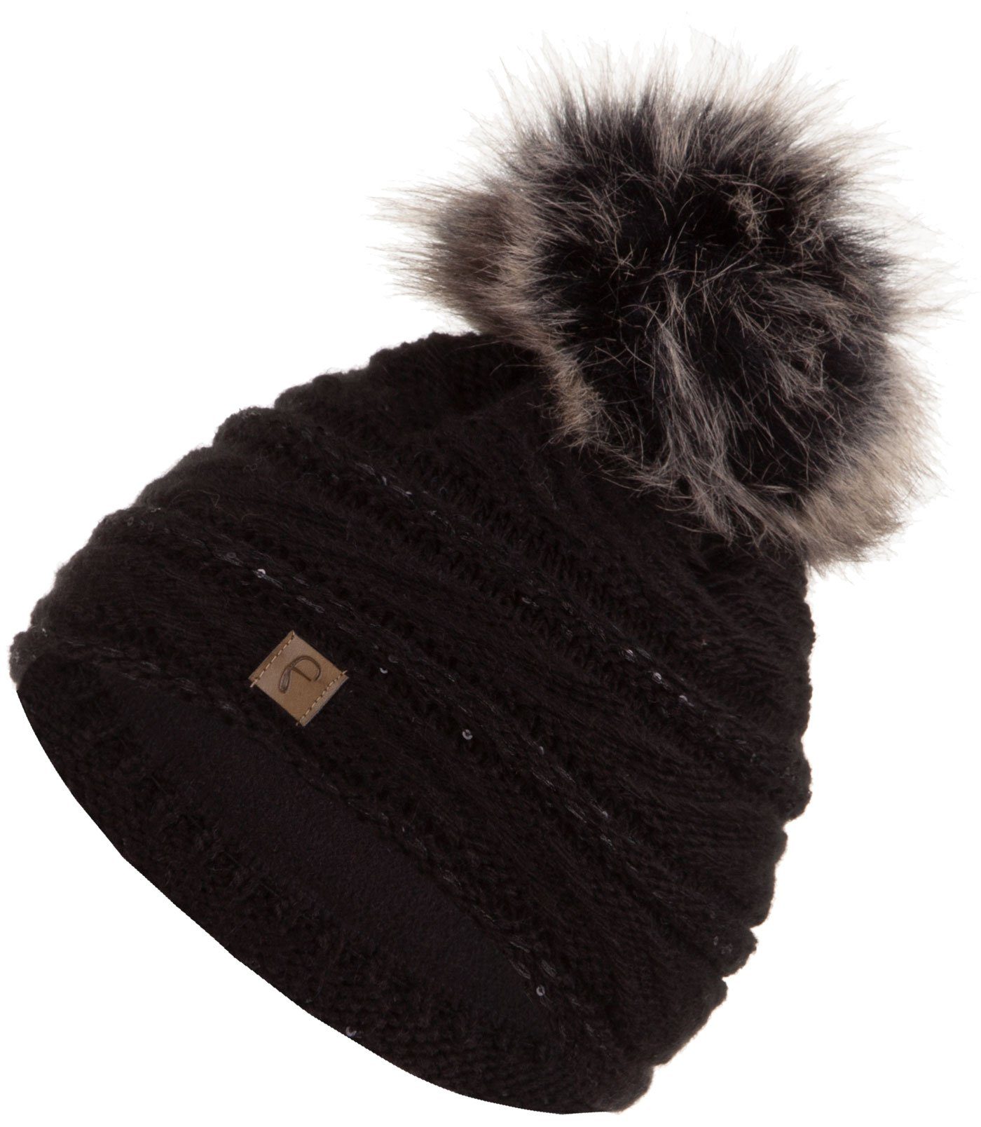 Faera Bommelmütze Wintermütze Damen Pailletten Winter Mütze Haube gefüttert Strickmütze