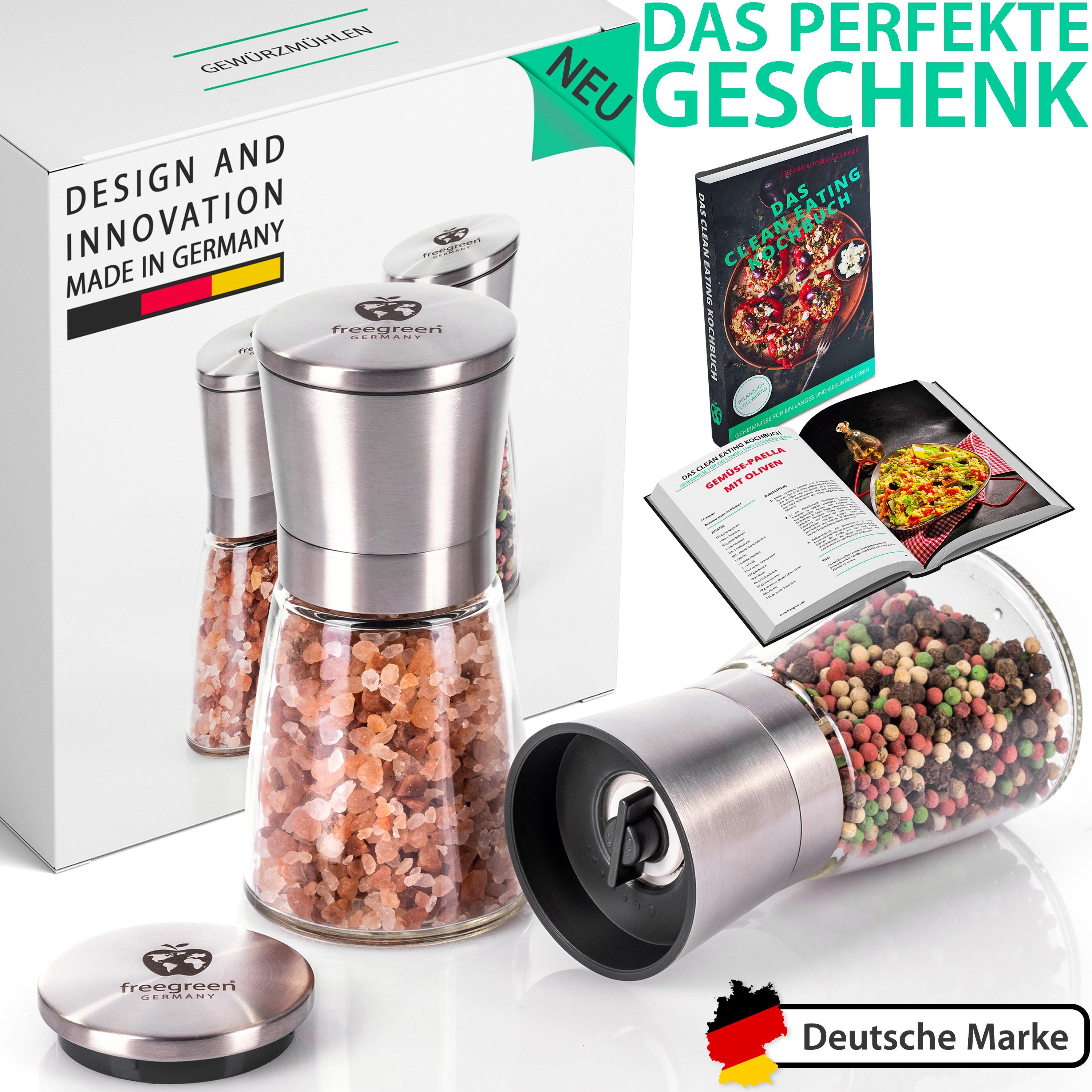 freegreen® Gewürzmühle PREMIUM Salz und Pfeffermühle 14cm 2er Set + Clean Eating Kochbuch Manuell für ein einzigartig gleichmäßiges Mahlergebnis!, mit verstellbarem Keramik-Mahlwerk und Geschenkverpackung