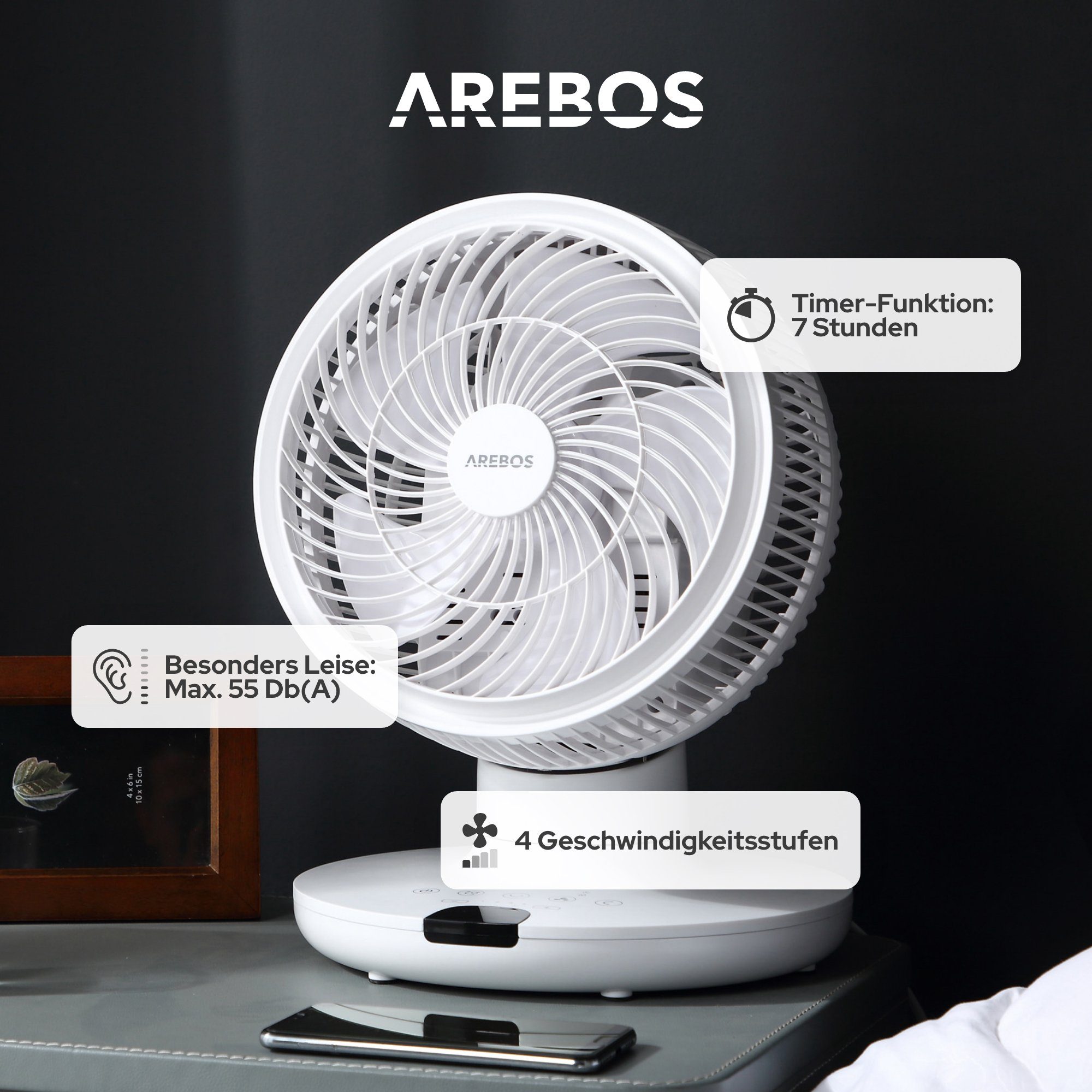 Arebos Tischventilator mit Timer, 55W, 3D Oszillation, 23,00 cm Durchmesser