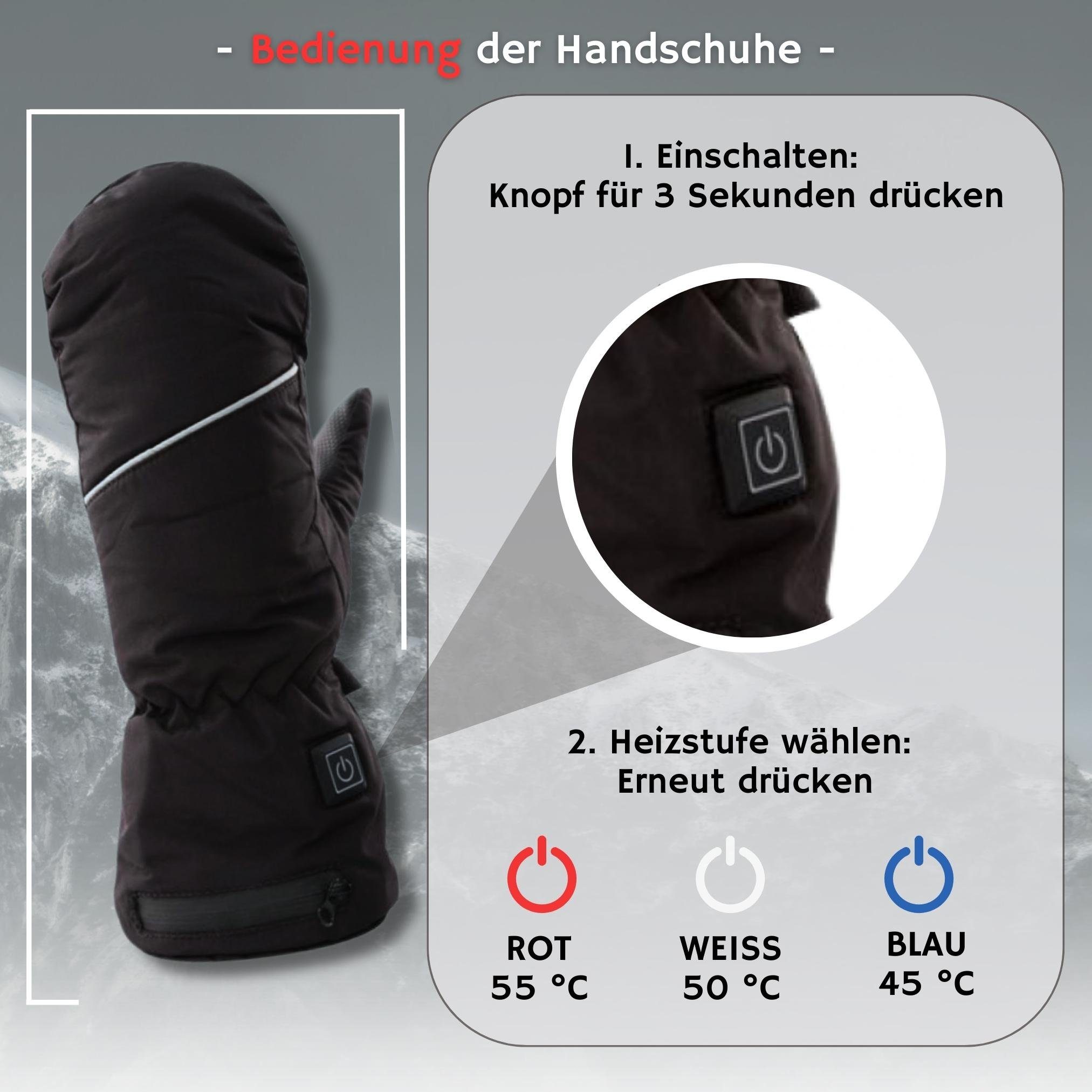 NorthHeat Fäustlinge optimierte premium beheizte Handschuhe (ansprechende Kartonverpackung, inkl 2 Powerbanks, 2 Verbindungskabel, 2 Ersatzkabel, 1 Ladekabel) beheizbar, wasserdicht und extra Grip