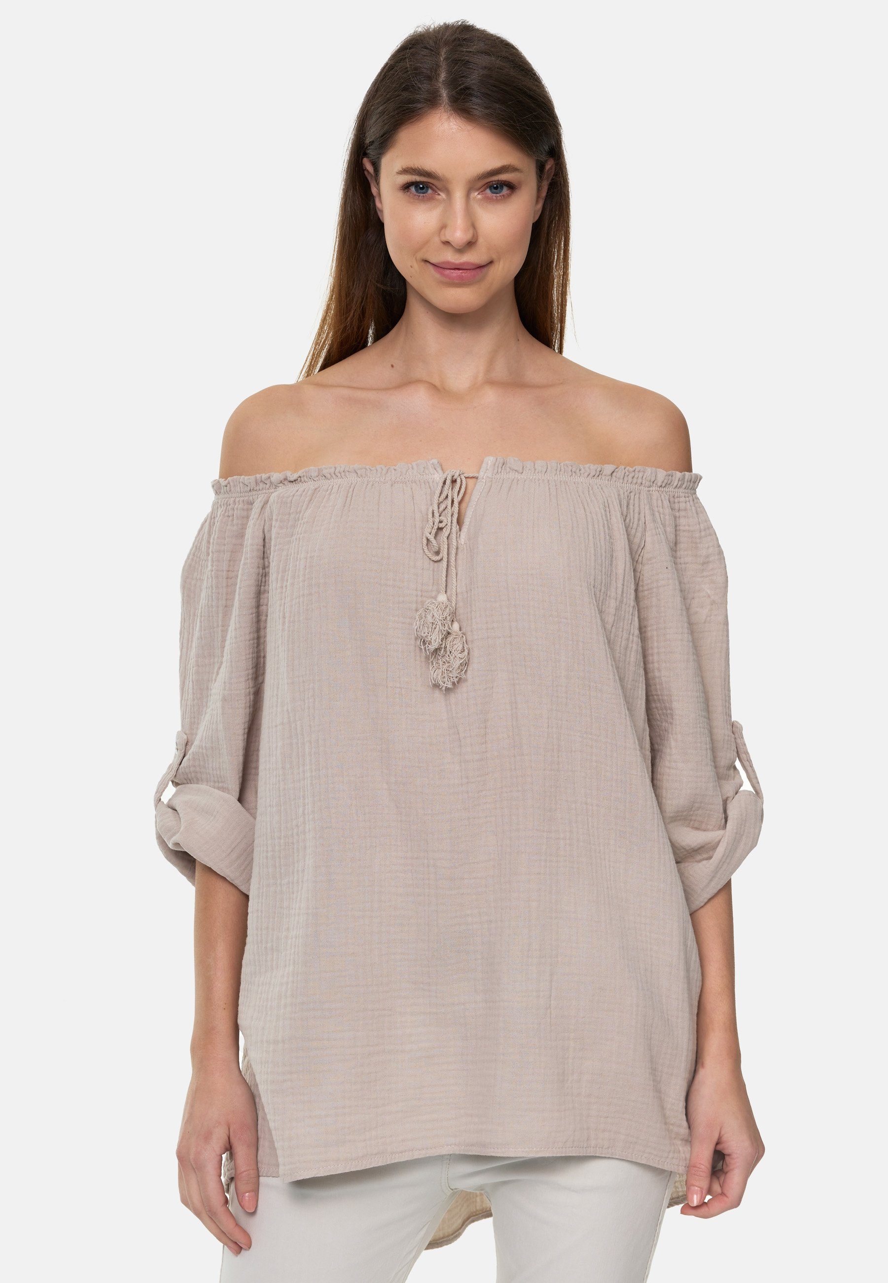 PM SELECTED Carmenbluse PM-09 (Verspielte Damen Musselin Carmen Bluse)