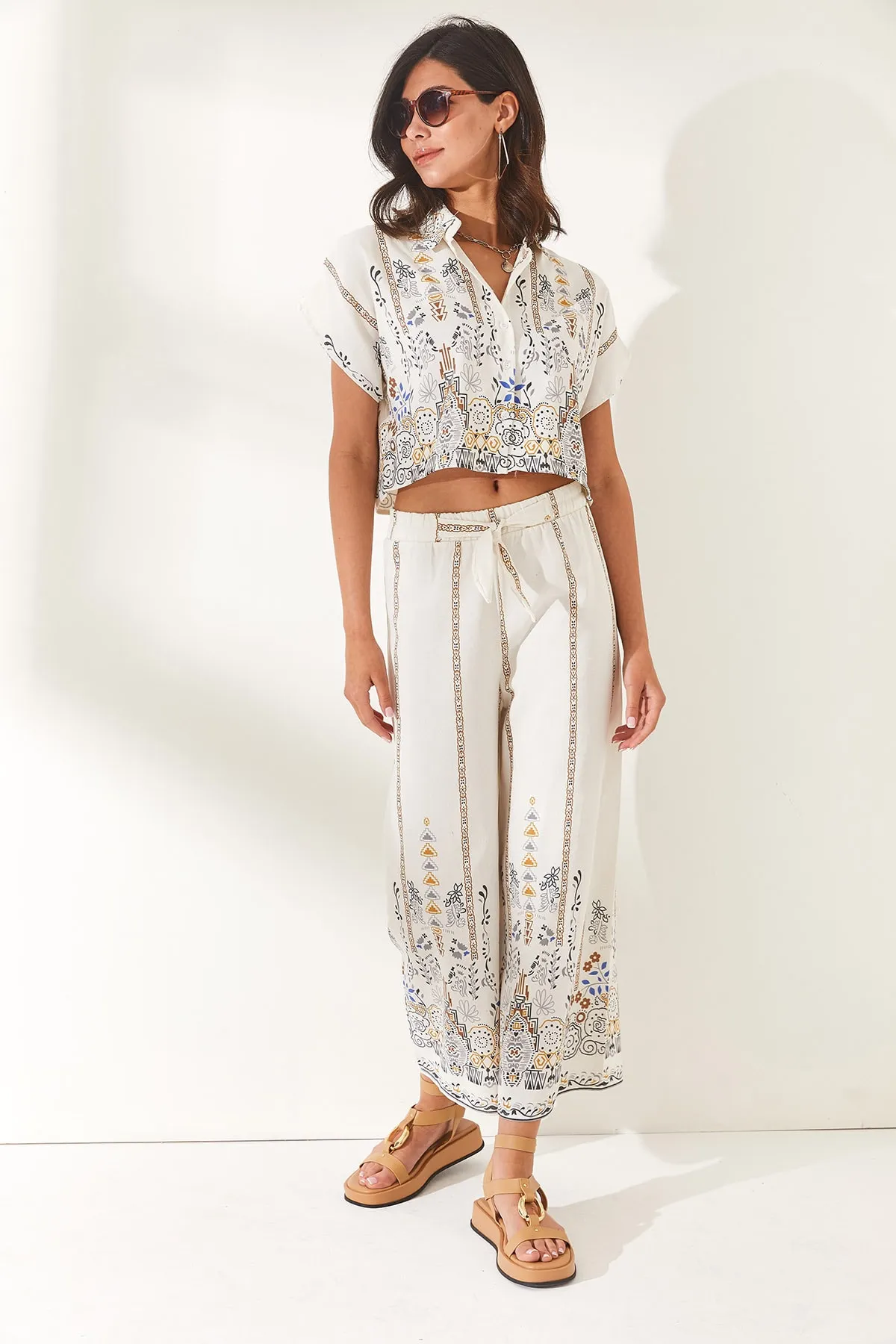 Olalook  Damen Blumen Kaffee Top Shirt Bottom Hose Leinen Mischgewebe Set TKM-19000202