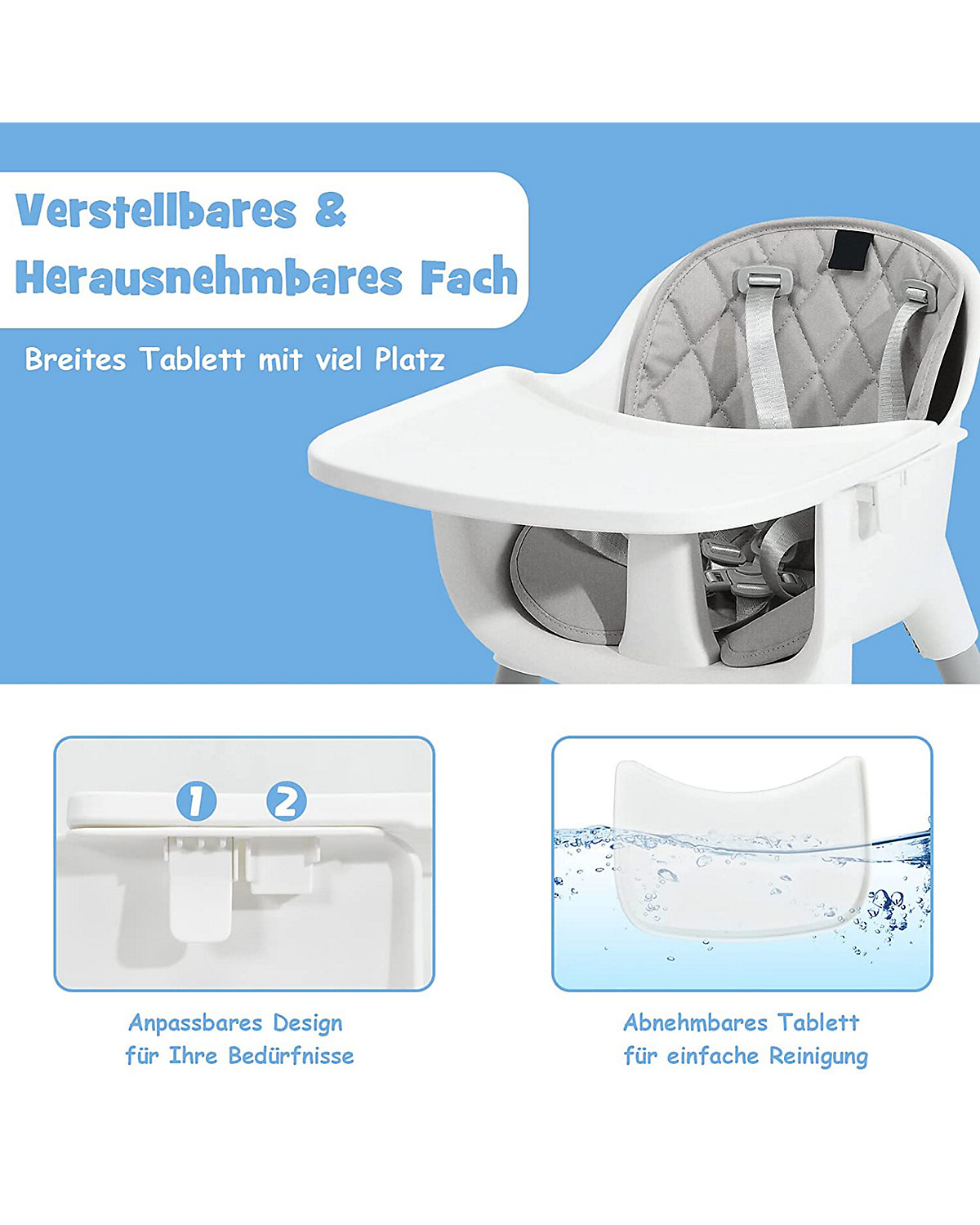 4in1 Baby Hochstuhl mit abnehmbarem & verstellbarem Tablett