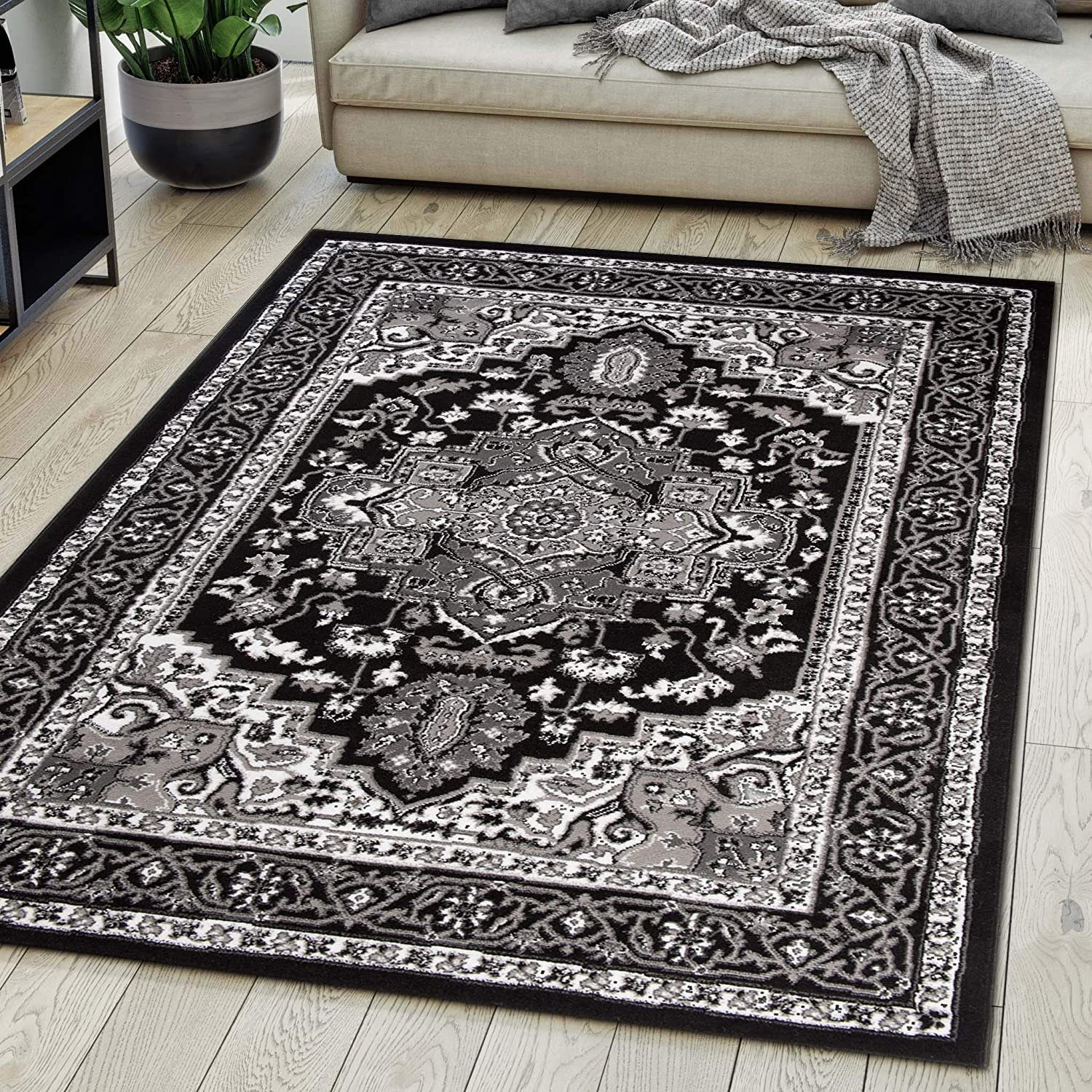 Orientteppich DY-EUFRAT-Q011A-BLACK, Mazovia, 70x140, Orientalisch, Blumenmuster, Klassisch, Kurzflor, Gemustert