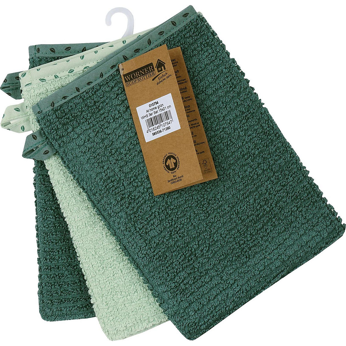 Waschhandschuhe 3er Set , 15x21 cm, grün