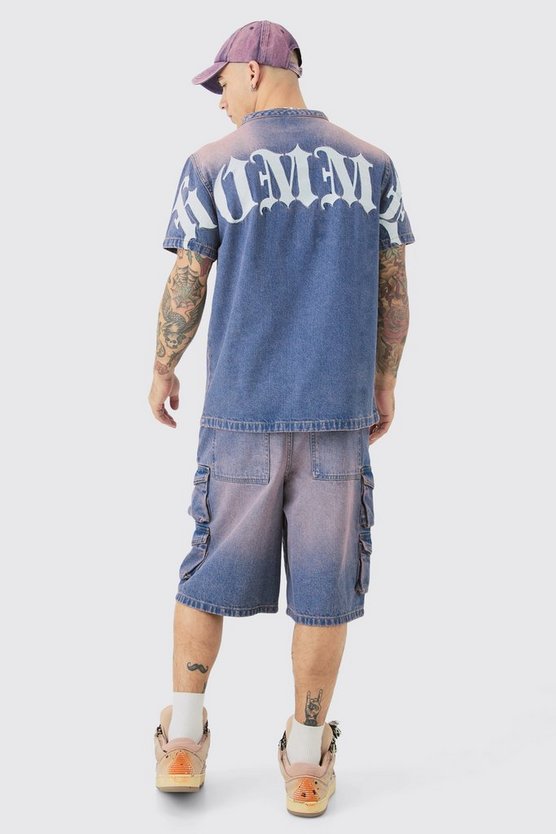 Pinke bestickte Denim Cargo-Jorts