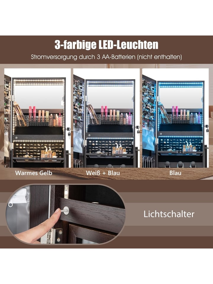 COSTWAY Schmuckschrank LED mit Rollen 159cm in Braun günstig kaufen onesize