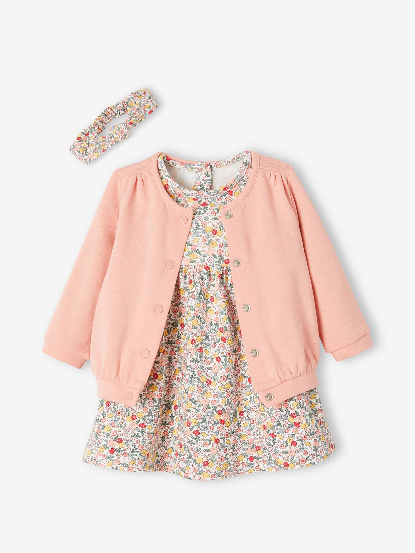 Vertbaudet Mädchen Baby-Set: Kleid, Strickjacke & Haarband, personalisierbar Oeko Tex - koralle