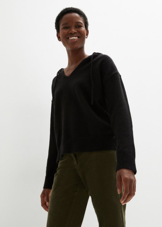Strick-Pullover mit V-Ausschnitt und Kapuze