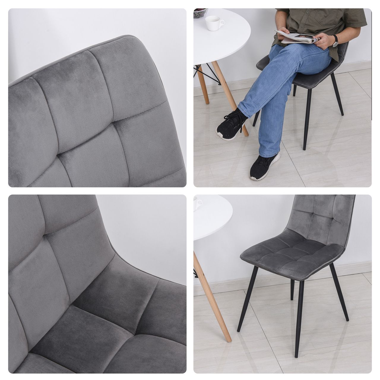 HOMCOM 2er-Set Esszimmerstuhl Küchenstuhl Esstisch Schaumstoff Metall Grau Schwarz 45 x 63 x 90 cm