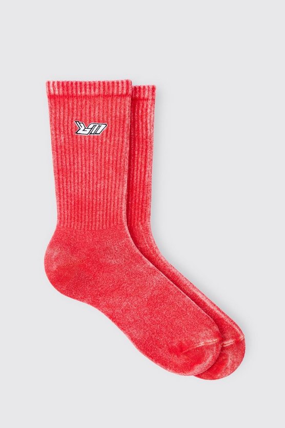 Rote Socken mit Acid-Waschung und Bm-Stickerei