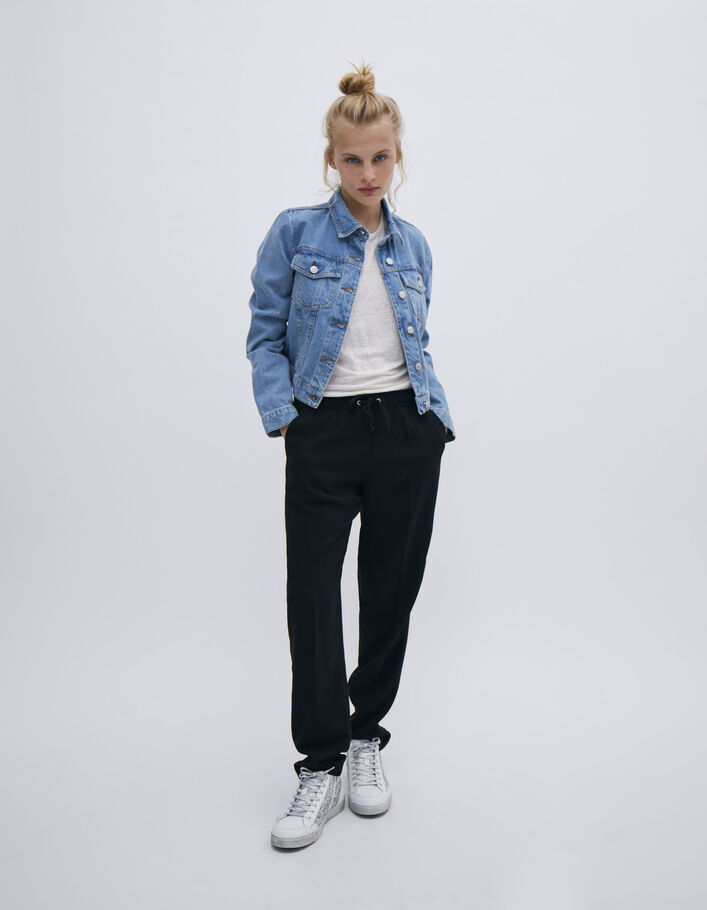Pantalon droit noir en crêpe avec ceinture élastique pour femme