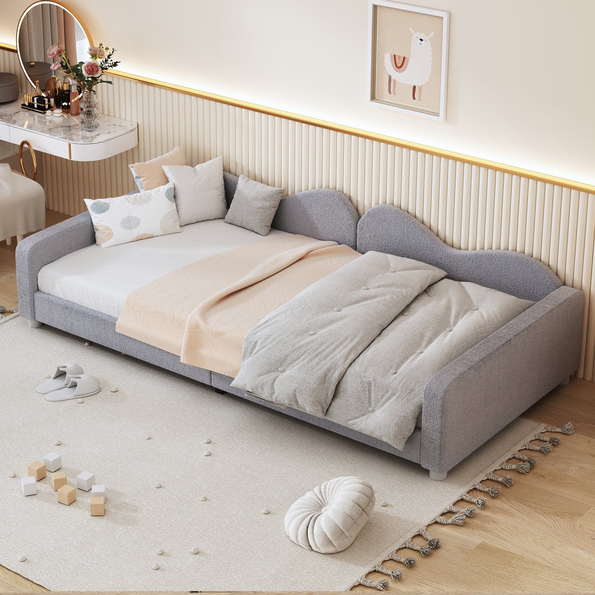 WISHDOR Kinderbett Polsterbett, Schlafsofa Gästebett, mit Rückenlehne und Armlehnen (Bettgestell Teddystoff Multifunktionales weiches Bett 90x200 cm), ohne Matratze