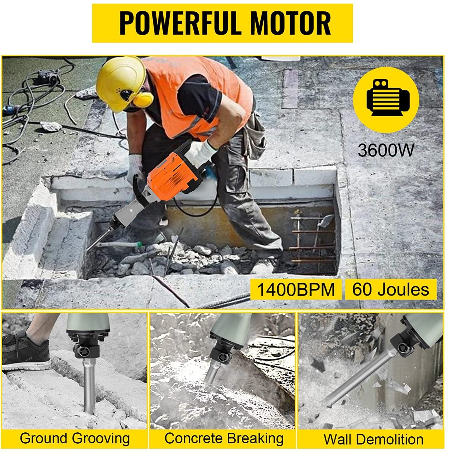 VEVOR Abbruchhammer, 3600 in W, Elektro Schlaghammer Betonbrecher - 360 Grad drehbarer Griff