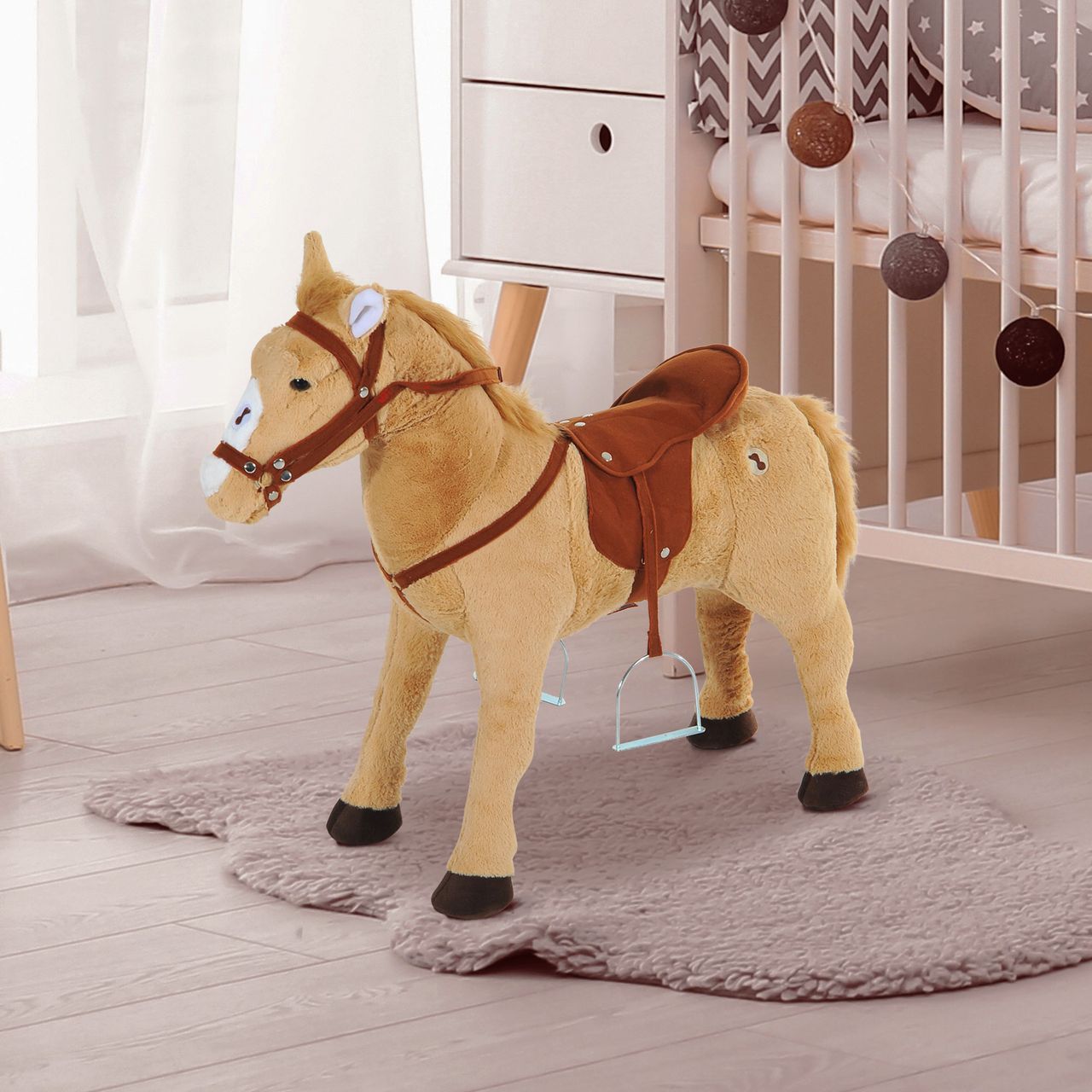 HOMCOM Reitpferd Spielpferd Plüschpferd Spielpferd für Kinder Stehpferd mit Sound Beige 85 x 28 x 60 cm
