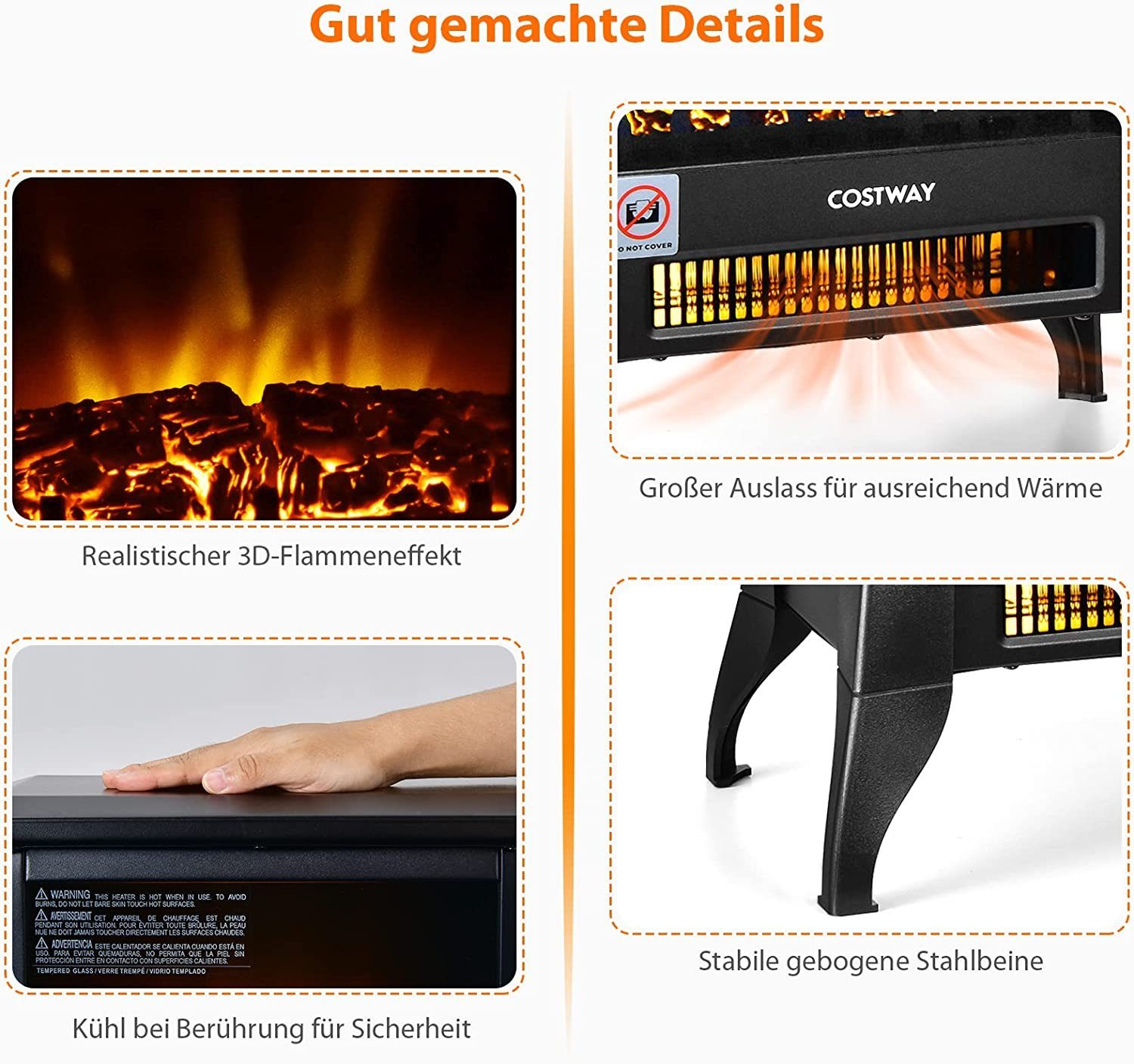 COSTWAY Elektrokamin, 1800W, Flammeneffekt, Temperatur 20-35°C einstellbar