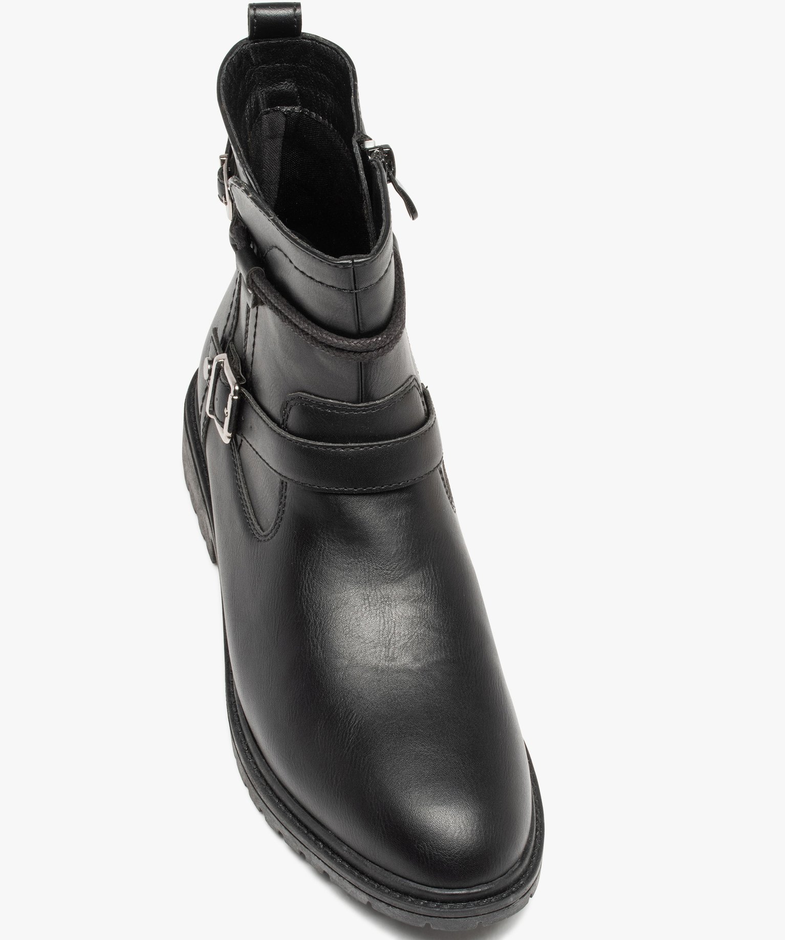 Boots femme unies à brides décoratives et talon large noir | GEMO