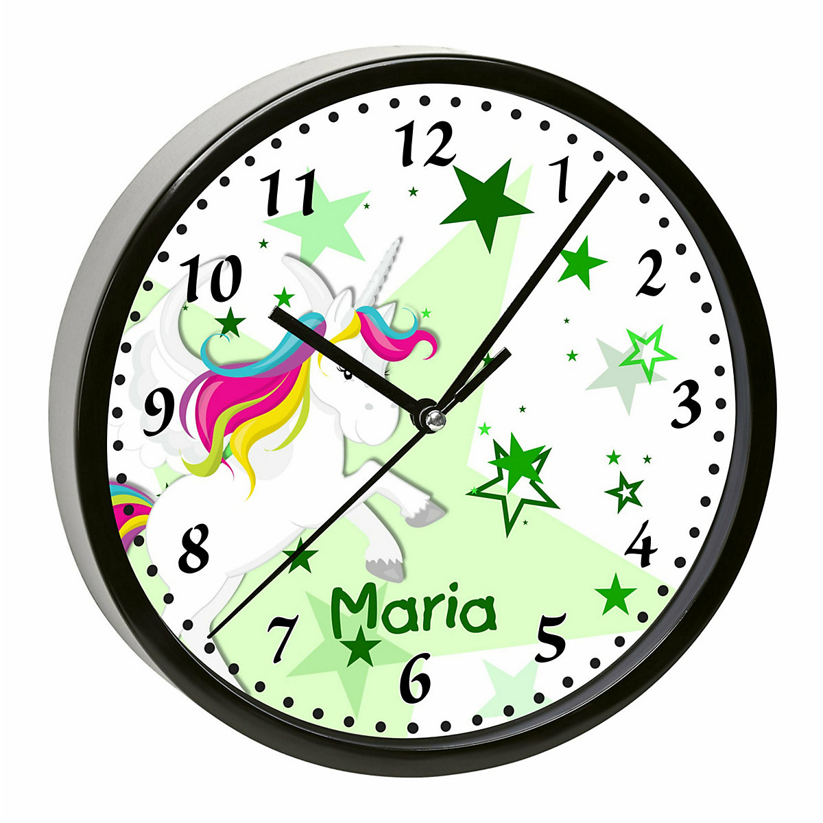 Kinder Wanduhr personalisiert mit Name Pegasus Sterne Grün