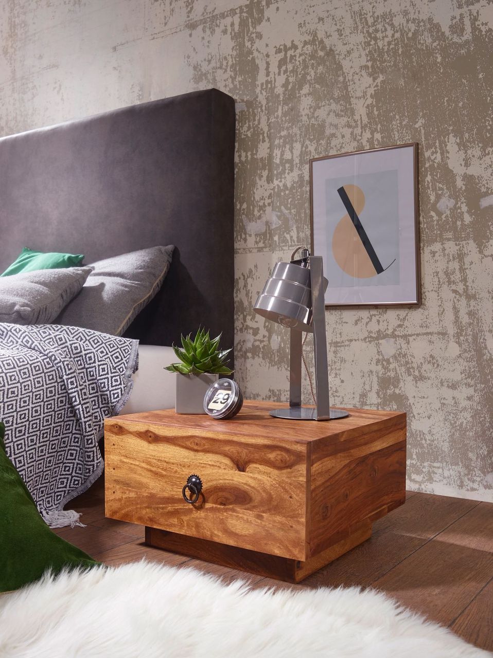 Wohnling Sheesham Massivholz Nachttisch mit Schublade