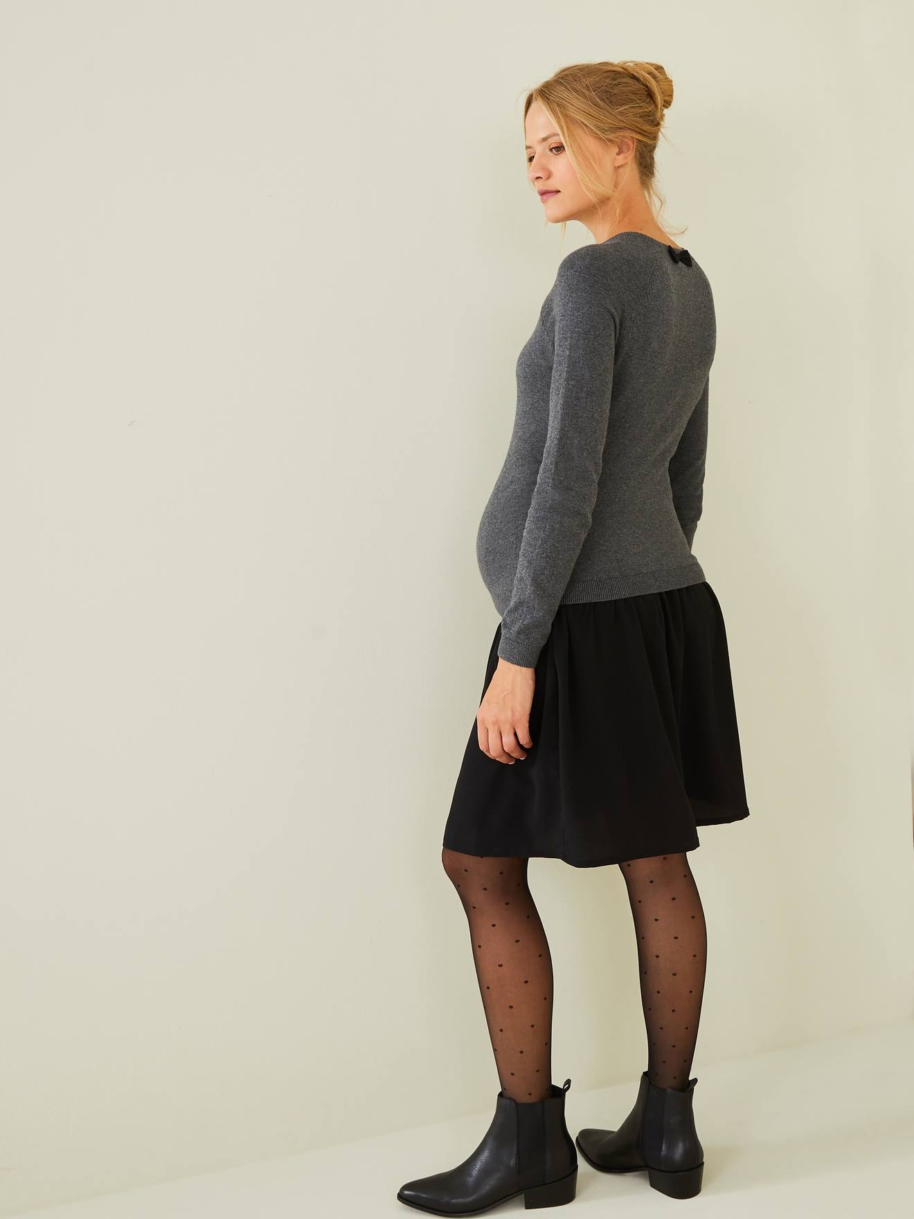 Robe bi-matière grossesse et allaitement gris foncé chiné