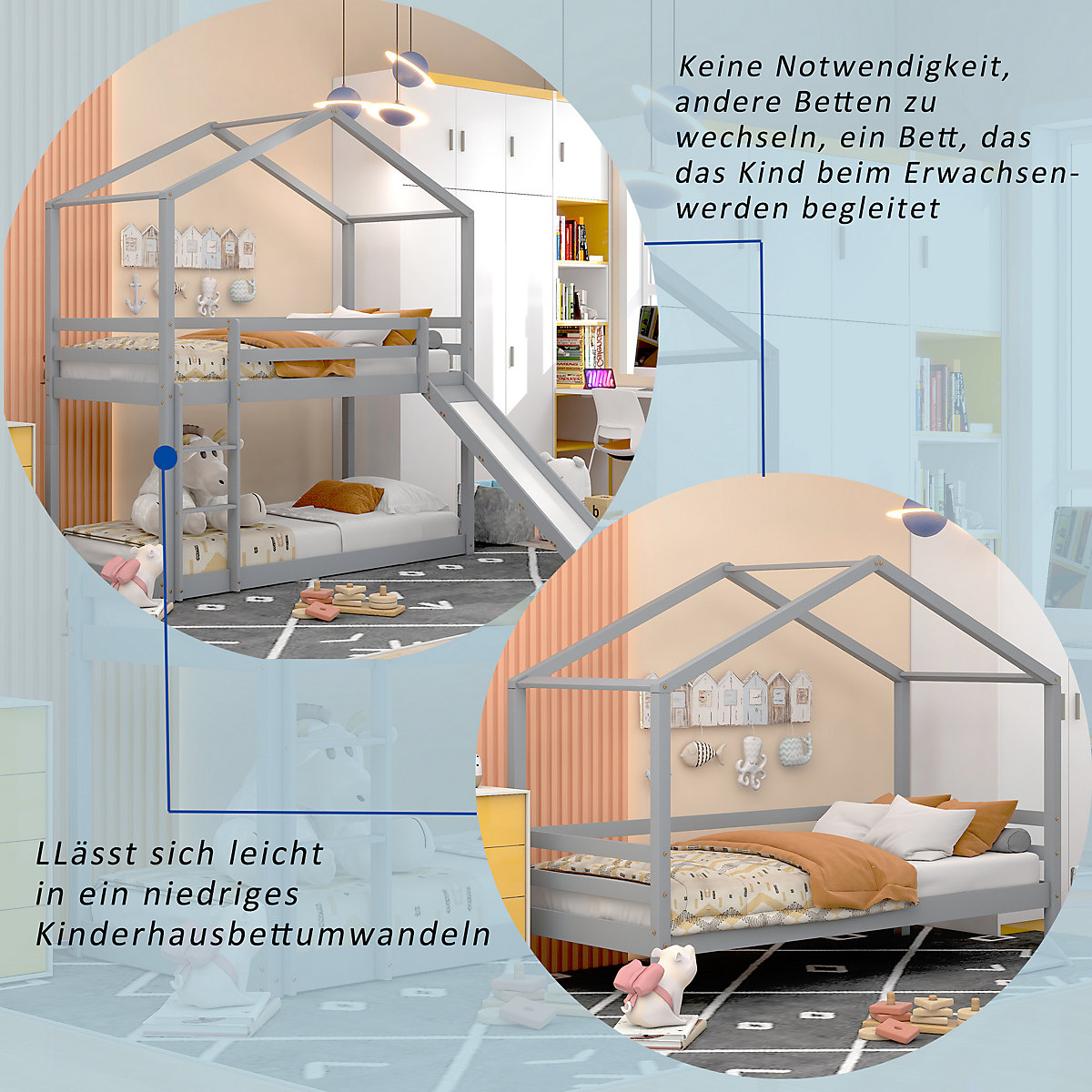 Etagenbett 90x200cm mit Rutsche und Leiter inkl. 2 Liegeflächen, Hochbett Hausbett