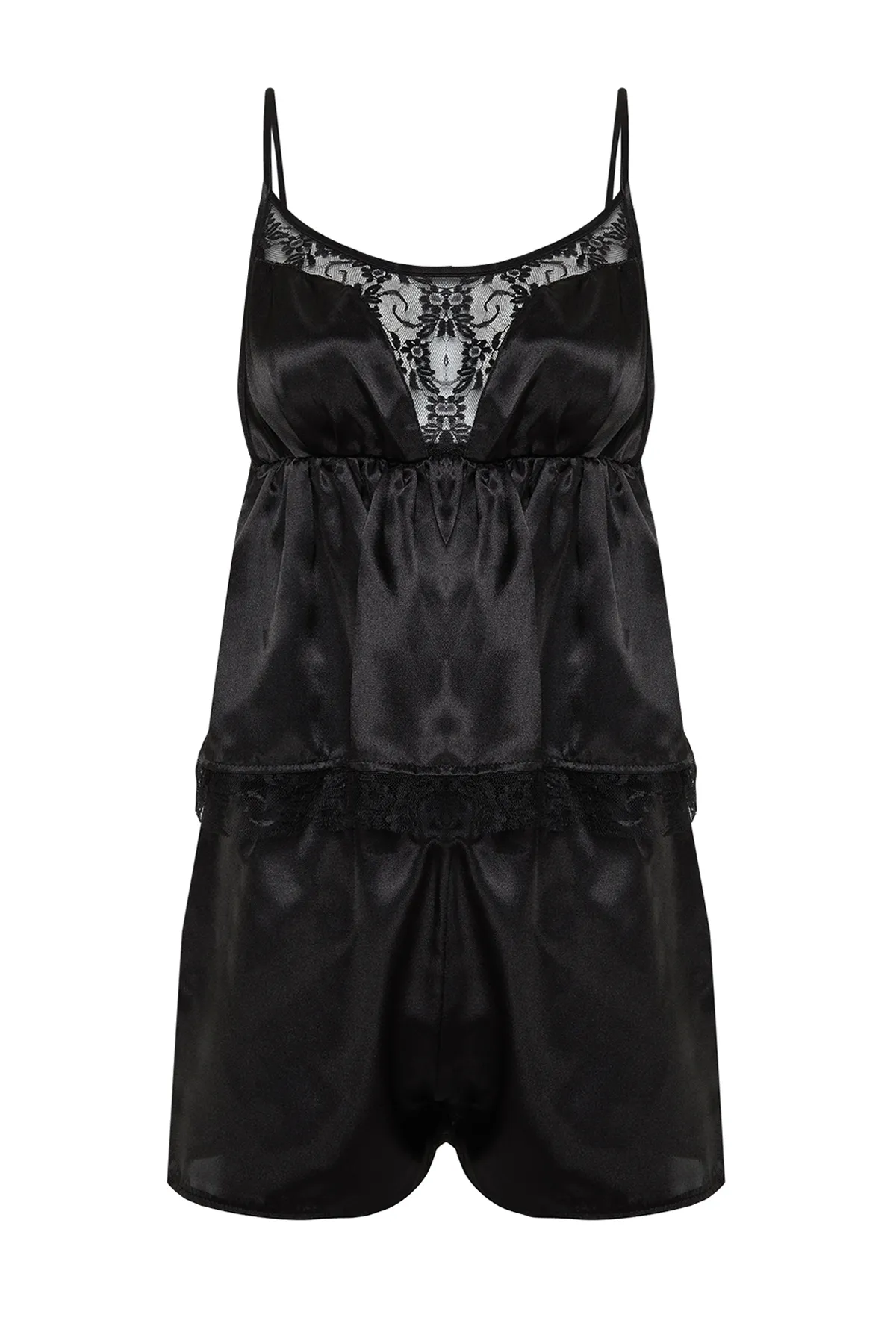 Trendyol Collection  Schwarzes Pyjama-Set aus gewebtem Satin mit Spitzendetails und Seilträgern THMSS24PT00100