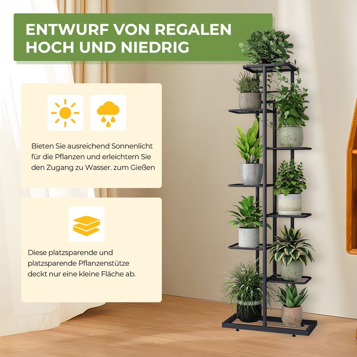 MULISOFT Blumenständer (Innen-Außen Metall Blumentreppe, Pflanzen Regal Blumenregal), Schwarz, Höhe 145cm, für Garten oder Balkon