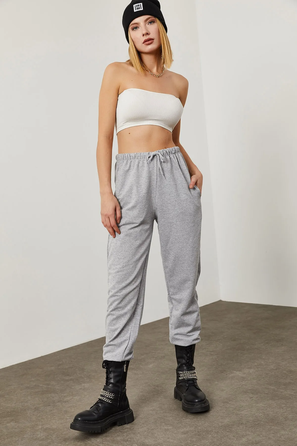 XHAN  Graue Damen-Jogginghose mit Schnürung 0YZK8-10365