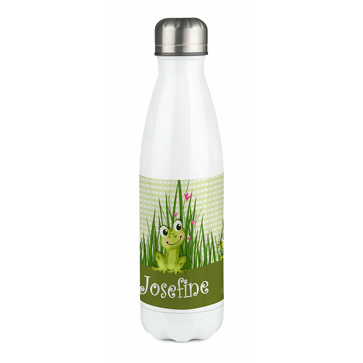 Edelstahl Kinder Thermoflasche / Trinkflasche bunt Frosch-Graß-Karo Spülmaschinenfest, Auslaufsicher, Bruchfest, Doppelwandig, Für Heißgetränke geeignet, Mit Deckel, Isoliert