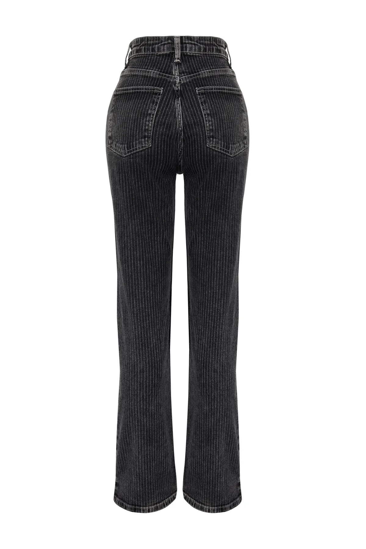 Trendyol Collection  Schwarz gestreifte, lange, gerade Jeans mit hoher Taille TWOSS24JE00046