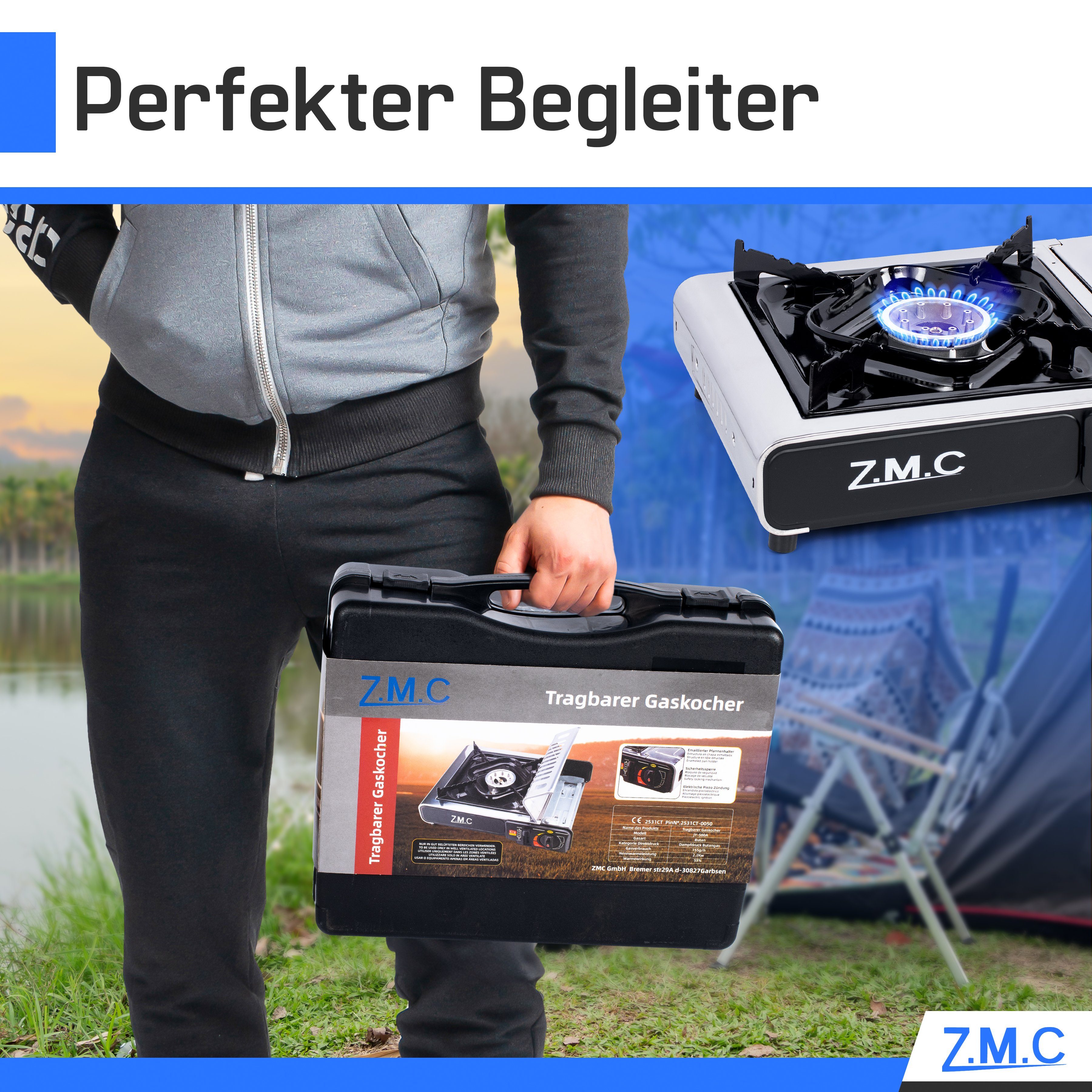 ZMC Gaskocher Edelstahl Gaskocher 1-flammig + Aufbewahrungskoffer + 4x Gaskartuschen, (Butangas Campingkocher für Innenraum/Outdoor, Campinggaskocher 2,2 kW mit Piezozündung), Kochfeld Herd Gaskocher mit Kartusche, Gaskochfeld für Camping